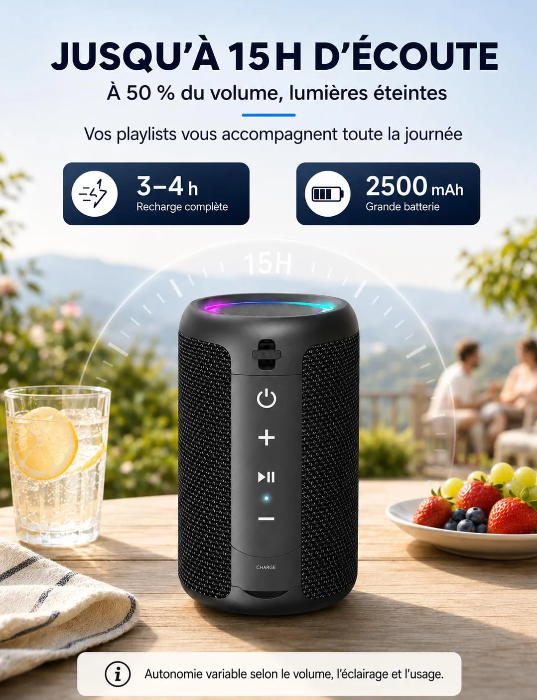 Enceinte Bluetooth Portable 15W Bluetooth 5.3 15H Autonomie Mini Haut-Parleur sans Fil TWS IPX5 Étanche