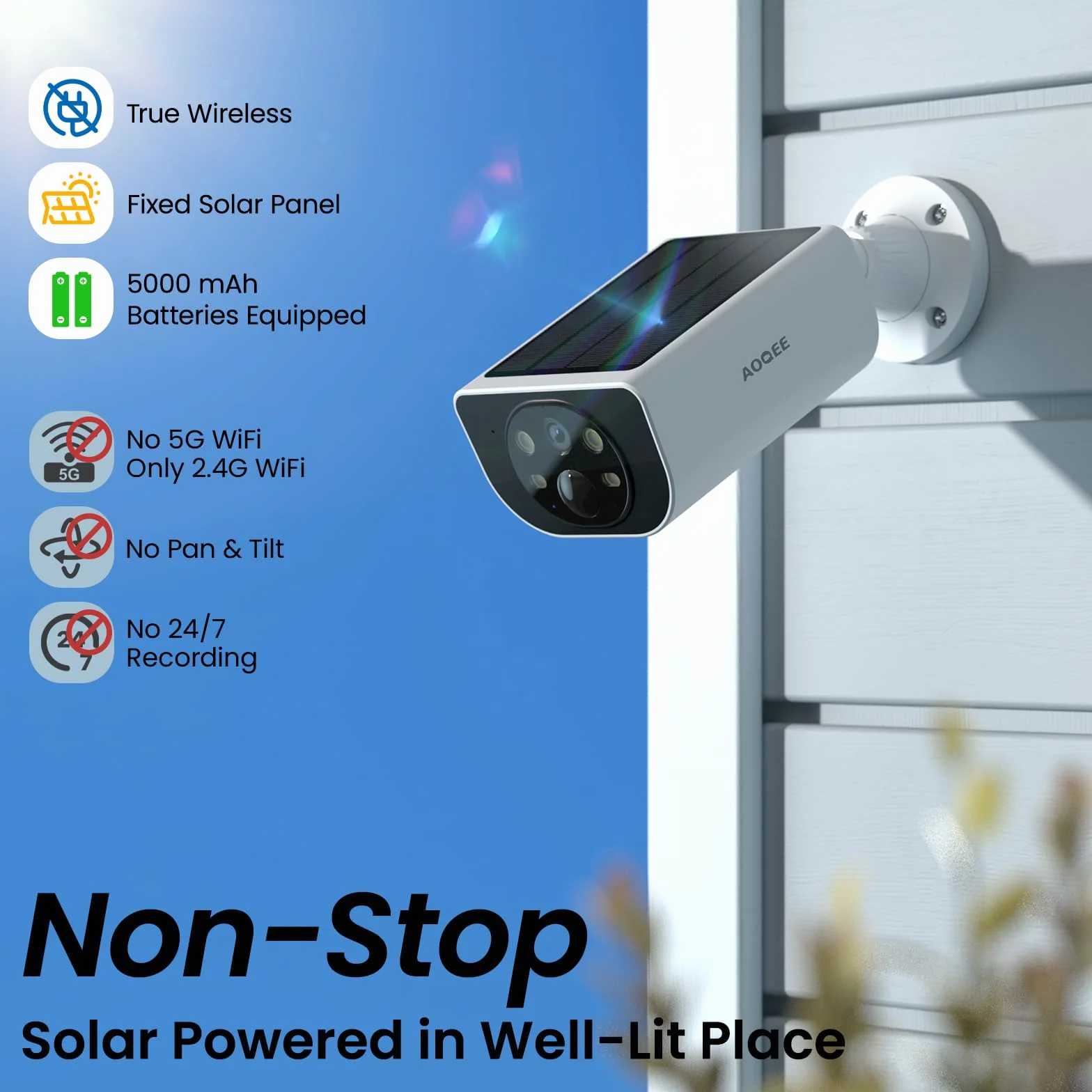 AOQEE Camera Surveillance WiFi Exterieure sans Fil 2K, Batterie Panneau Solaire intégré, IP65, Détection Humaine AI, Vision Nocturne Couleur