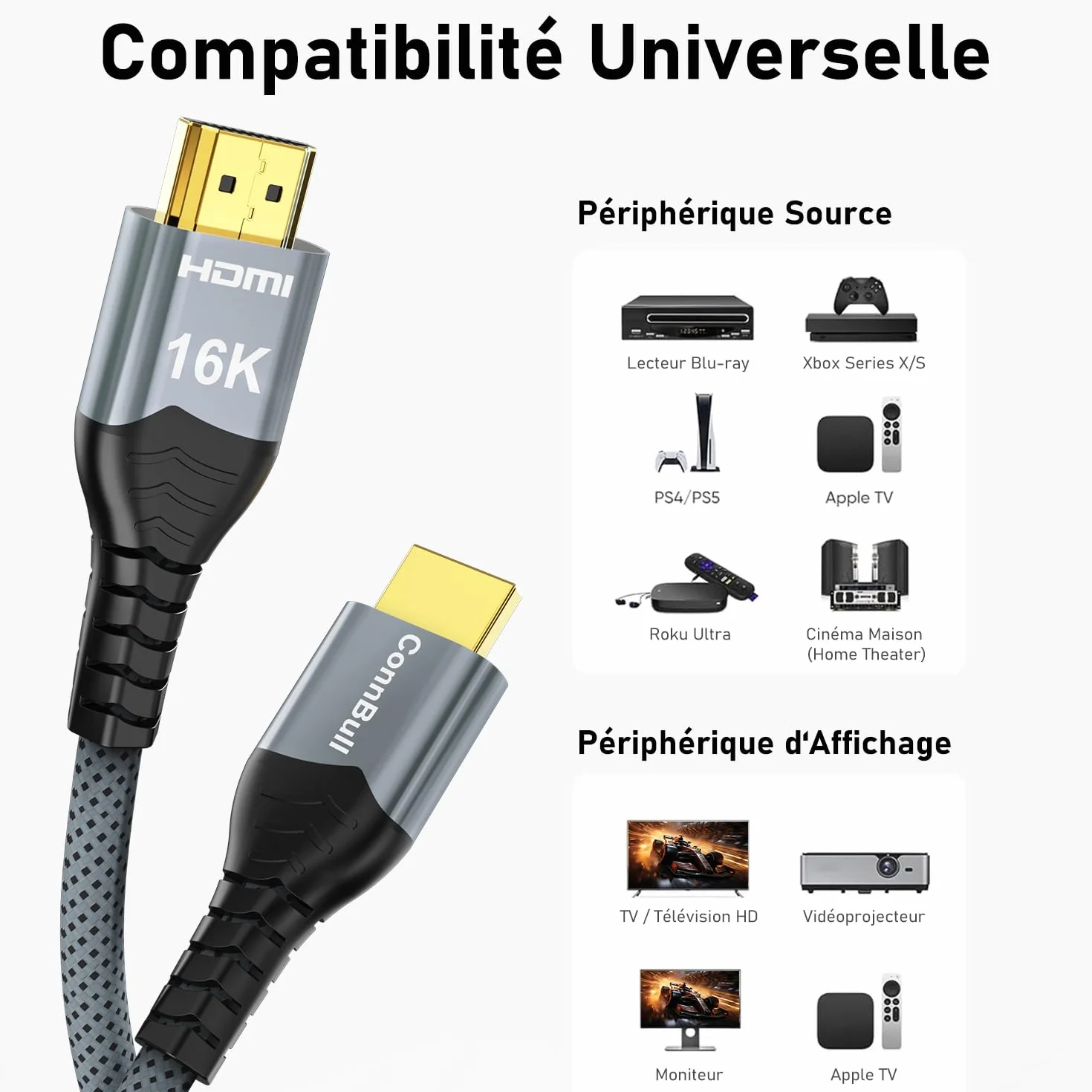 Câble HDMI 2.2 2m – 96Gbps Ultra Rapide Cable HDMI– Supporte 16K 60Hz, 8K 240Hz, 4K 480Hz – eARC, Dolby Vision & Atmos – Idéal pour PS5, Blu-ray, Projecteur, 4K/8K TV