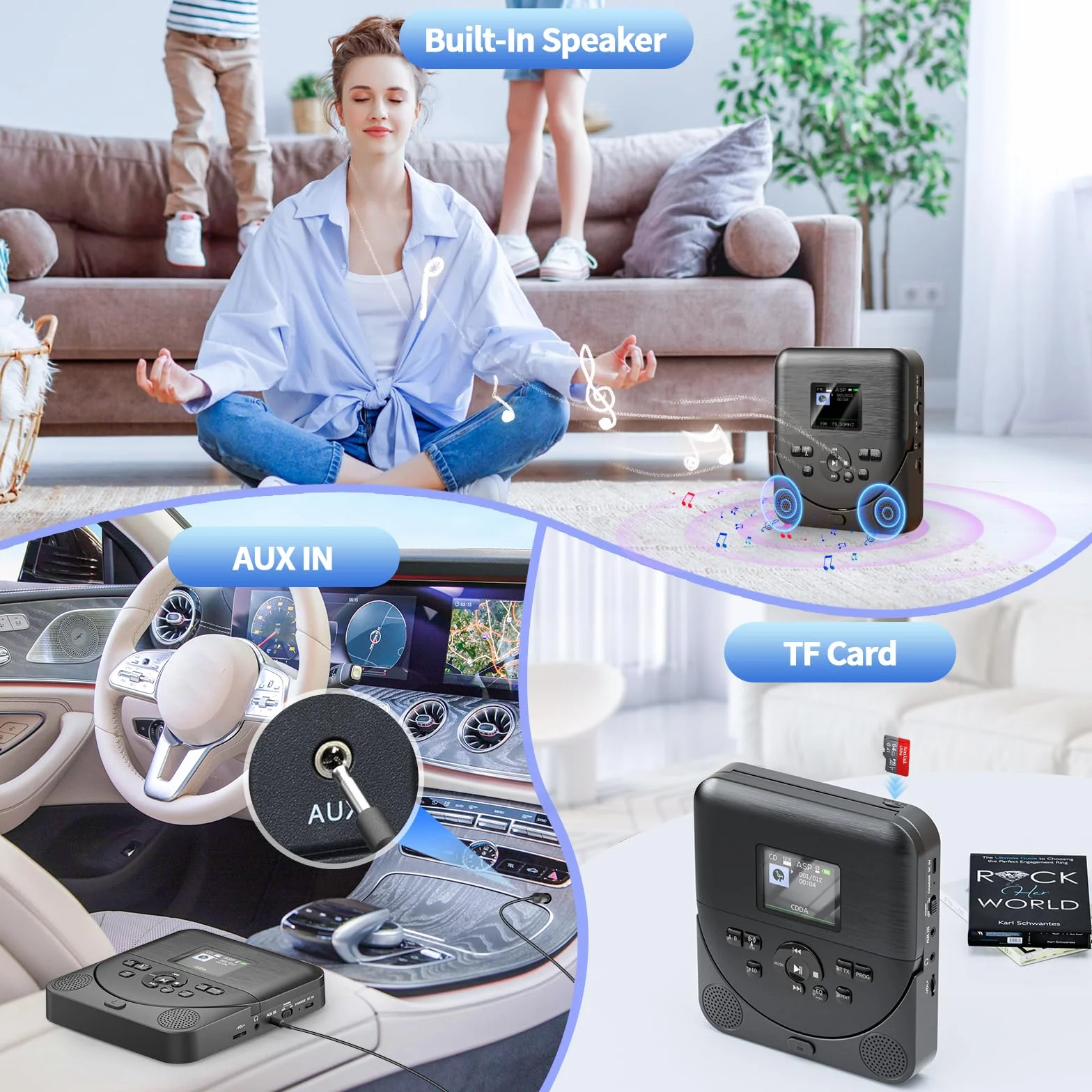 Lecteur CD Portable Bluetooth FELEMAN avec Haut-parleurs, Écran, Rechargeable, Émetteur FM, Noir