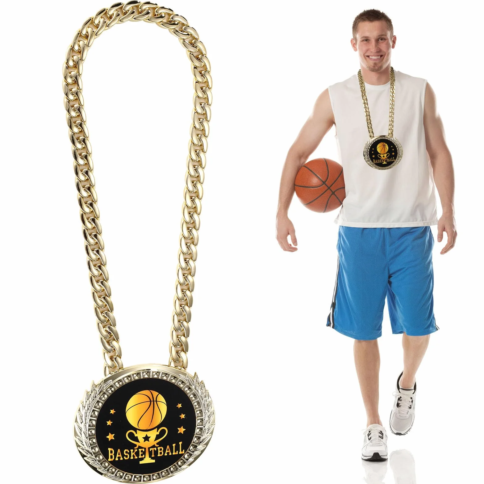 Chaîne Médaille Basketball 15cm Dorée MVP Récompense Collier Champion Sportif