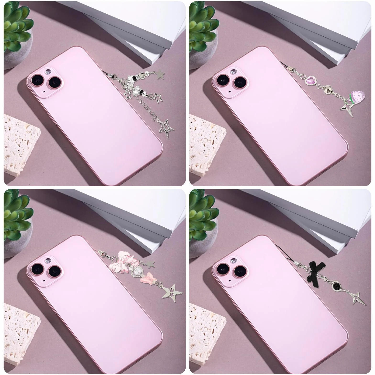 Amaxiu Lot de 4 breloques mignonnes - Motif fraise, papillon, étoile - Accessoire pour coque de téléphone portable - Porte-clés, décoration appareil photo