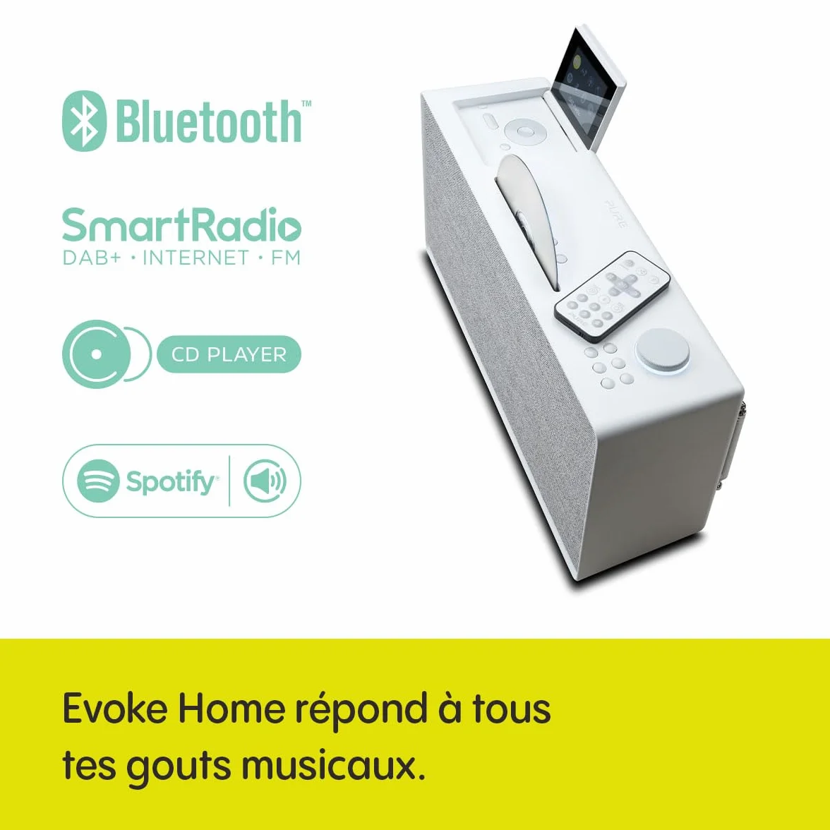 Pure Evoke Home Système de musique tout-en-un pour la maison avec radio DAB+/FM, radio Internet, podcasts, Spotify Connect, Bluetooth, CD et son stéréo puissant de 100 watts, Cotton White