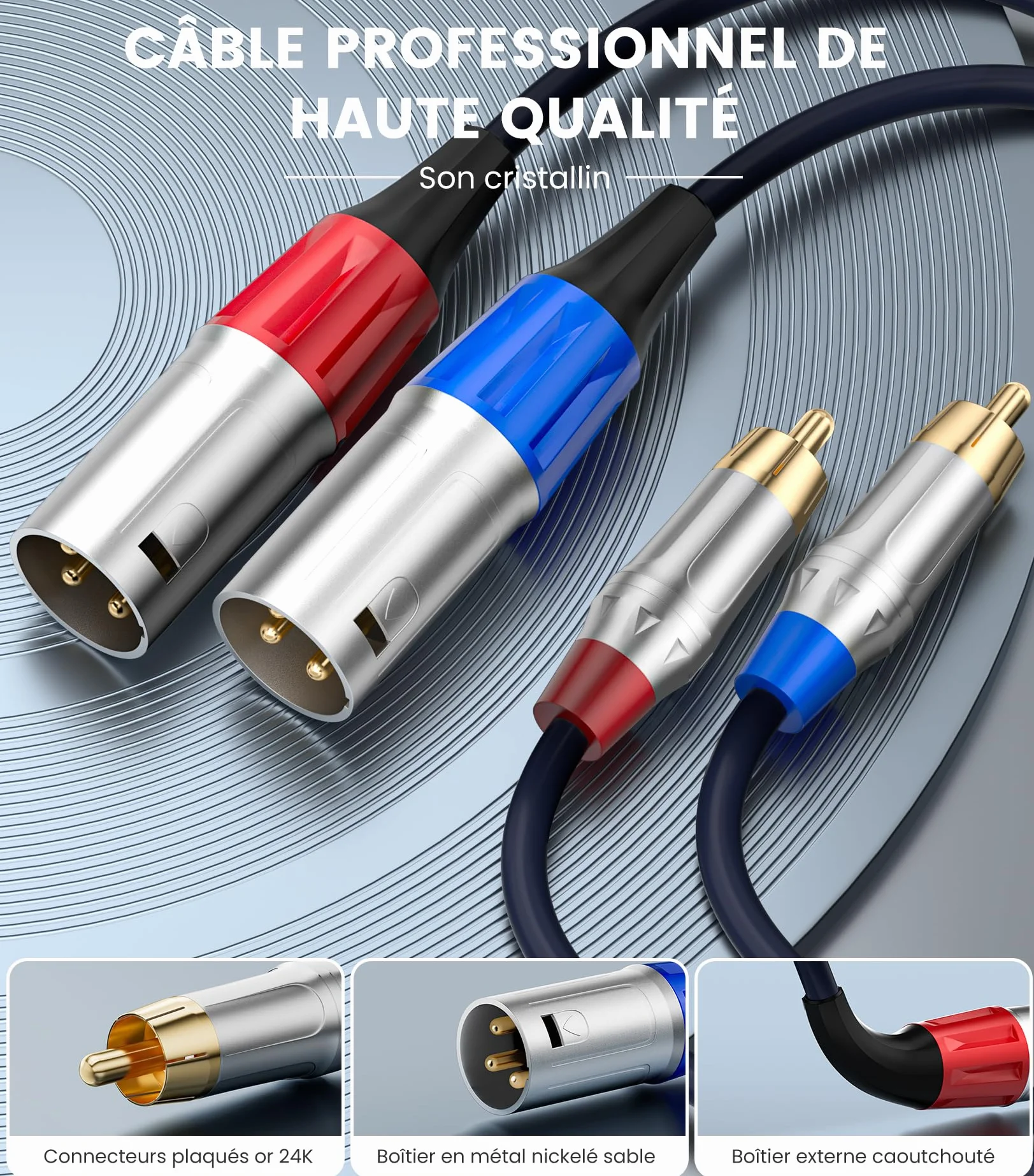 Tisino Câble double RCA vers XLR, 2 RCA vers 2 XLR mâles HiFi stéréo connexion microphone câble câble de chemin - 1 m