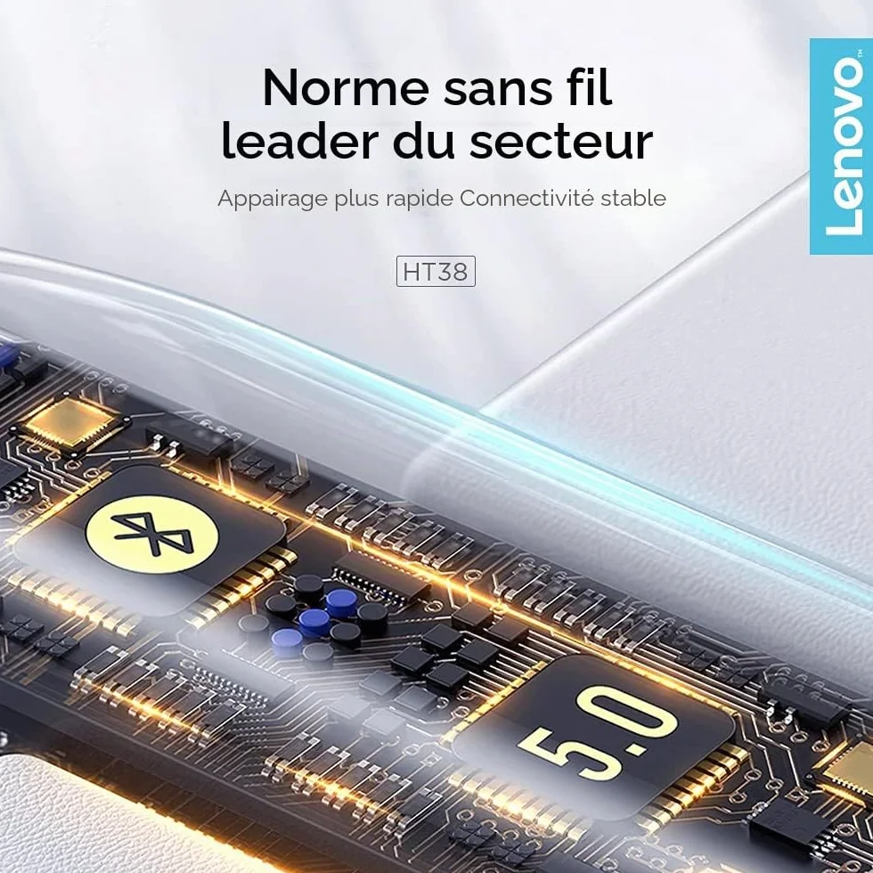Lenovo – écouteurs sans Fil Bluetooth LivePods HT38 TWS, Mini Casque d'écoute, Commande Tactile 9D Stéréo, avec Micro, 30h d'autonomie