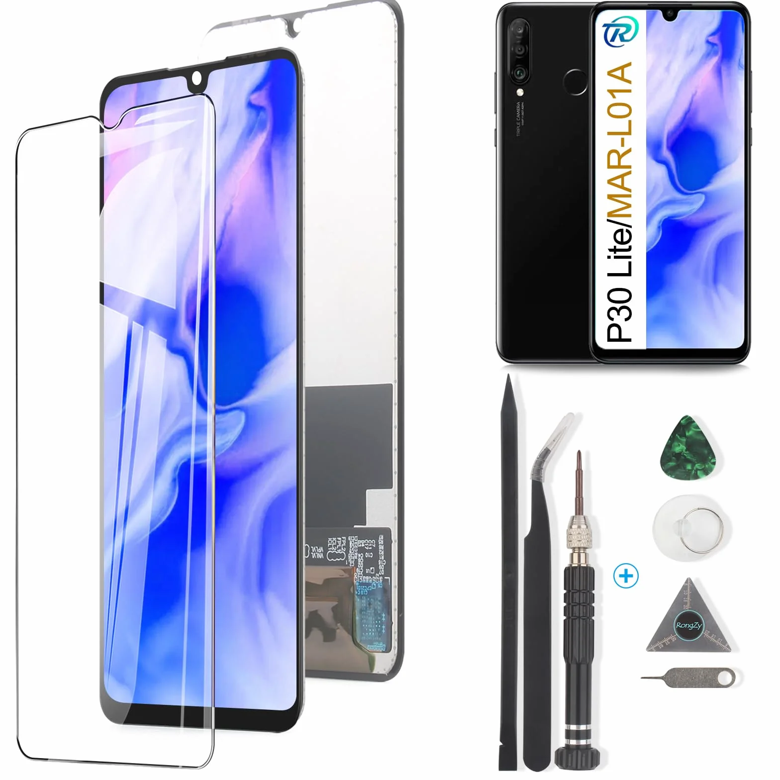 RongZy Écran de Rechange pour 6.15" Huawei P30 Lite MAR-L01A MAR-L21A MAR-LX1A Écran LCD + Vitre Numériseur Tactile Capteur Assemblé Remplacement pour P30 Lite(Noir)