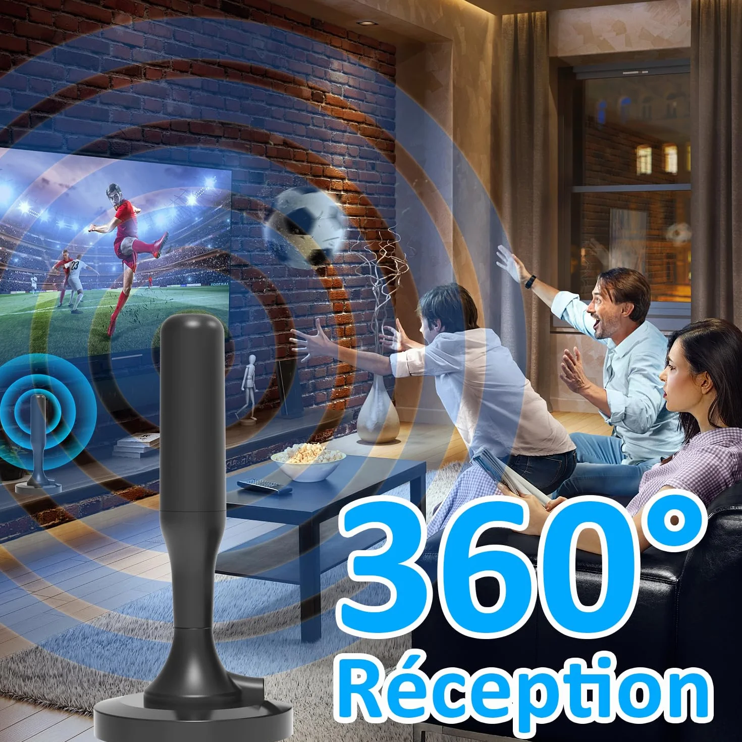 Antenne TV Intérieur Puissante, TNT HD 4K 1080P, Réception 360° Longue Portée 500km, Câble Coaxial 3m
