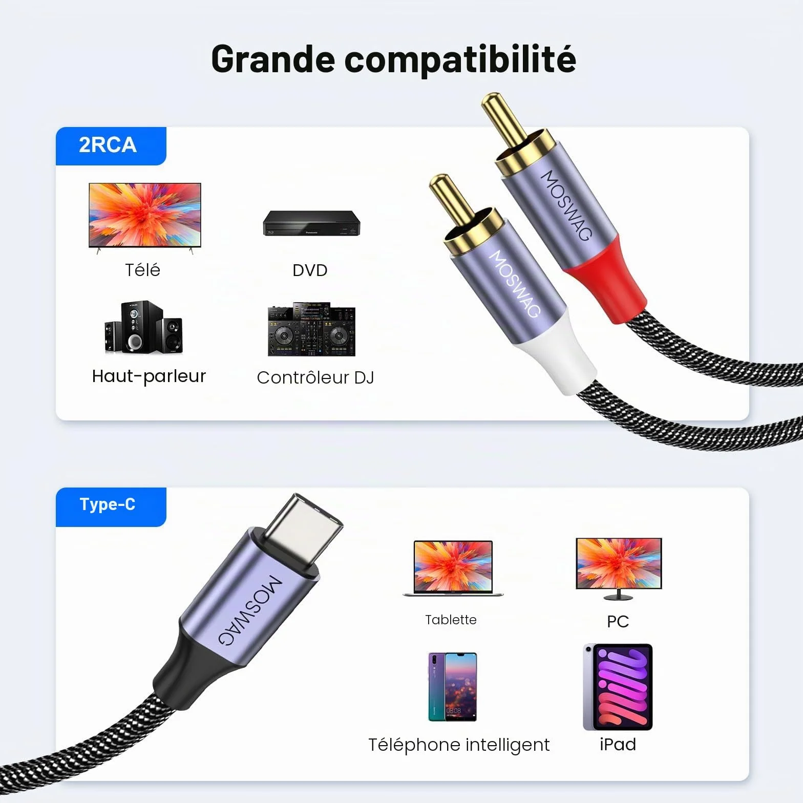 MOSWAG Câble 2 RCA USB C Audio Stéréo Adaptateur Type C Mâle vers 2 RCA Mâle Y Auxiliaire Audio Câble Numérique Compatible avec Téléphone Amplificateur Enceinte HDTV Home Cinéma Vidéo Projecteur