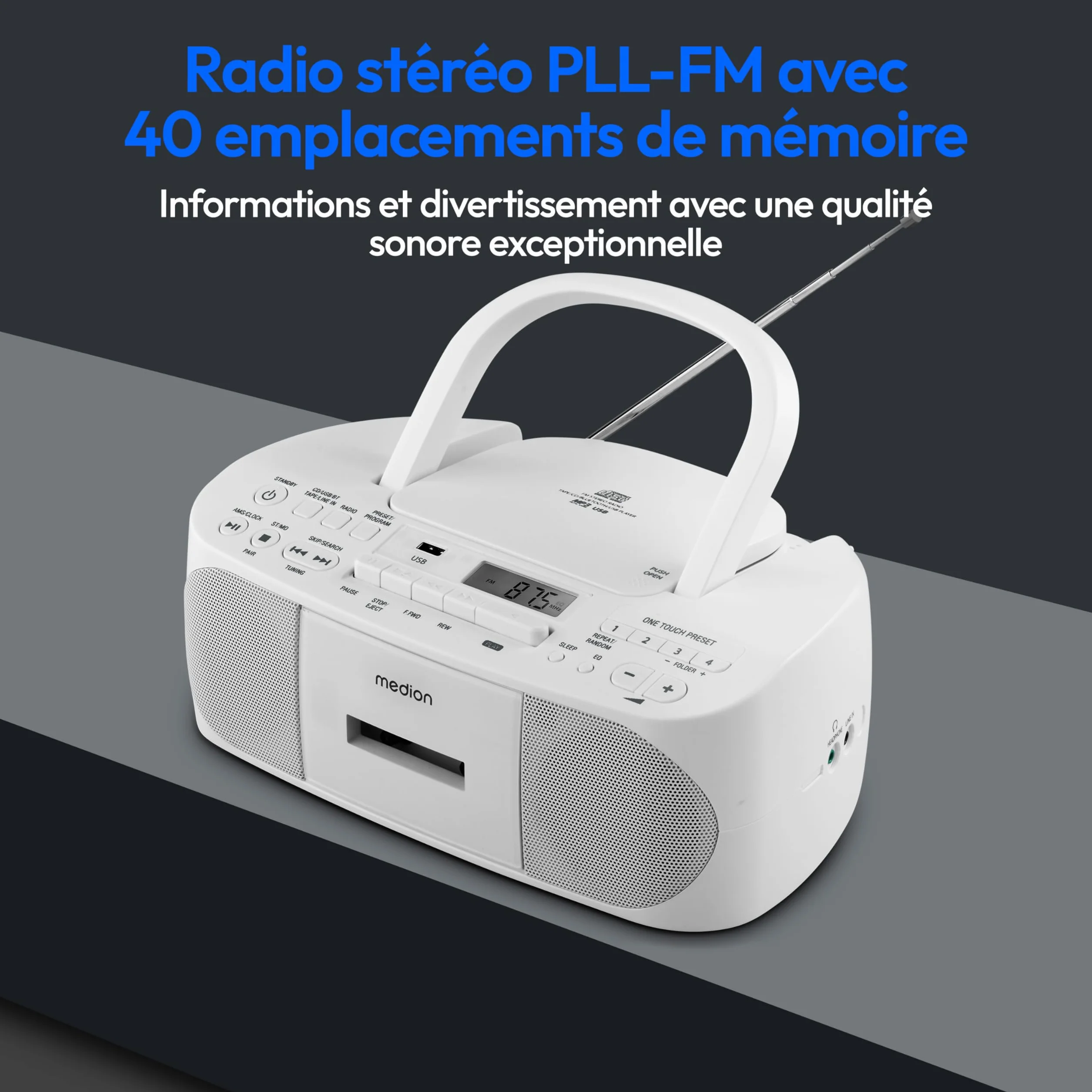MEDION Radio Stéréo E65010 Lecteur CD Cassette USB AUX MP3 FM PLL 40 Stations Batterie Télécommande Blanc