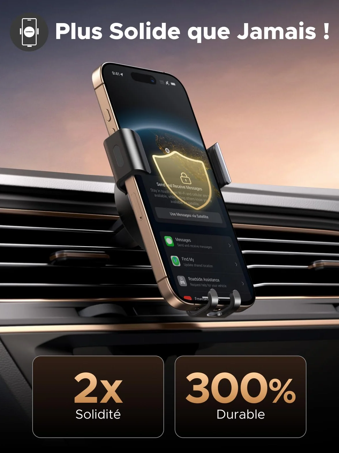 UGREEN Support Téléphone Voiture Gravité Grille Aération Porte Smartphone Voiture Ventilation Accroche Téléphone Auto Compatible avec iPhone 17 Pro Max Air 16 15 14 Galaxy S25 Ultra S24 (Gris)
