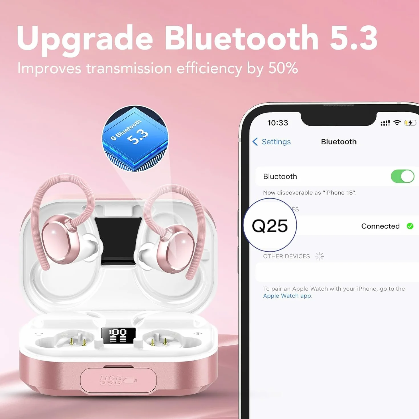 Ecouteurs Bluetooth sans Fil Sport, 120H Bluetooth 5.3 avec HiFi Stéréo, Écouteurs sans Fil Bruit 4 HD Mic CVC 8.0 Antibruit, Écran LED, Contrôle Tactile IP7 Étanche USB-C Casque Running iOS/Android