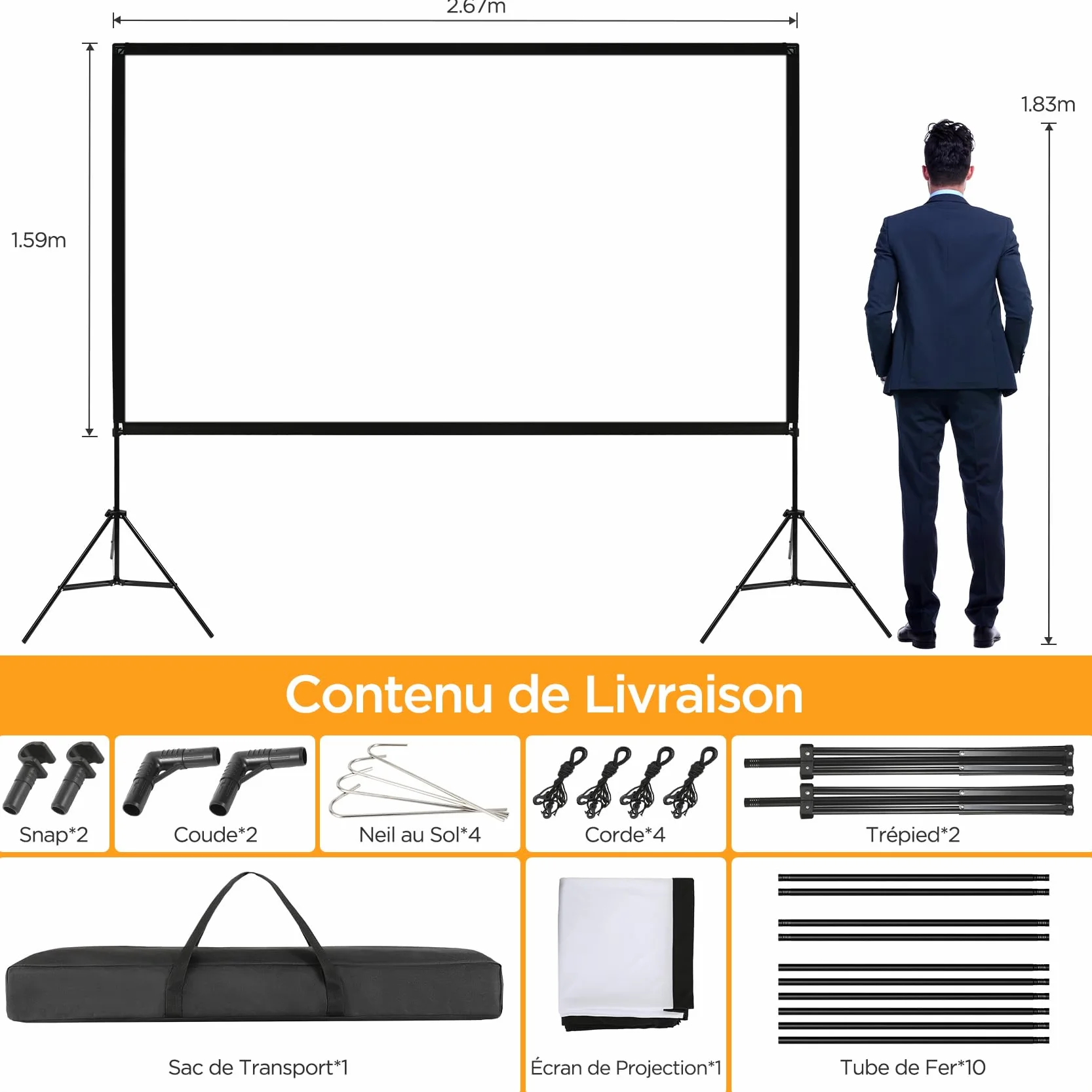 VISULAPEX Écran de Projection 120" 4K HD 16:9 Pliable sur Pied avec Sac Portatif