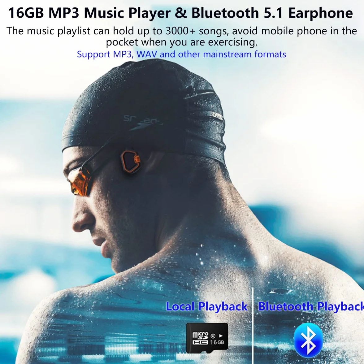 Casque Sans Fil Conduction Osseuse Bluetooth 5.1 IPX8 Étanche Sport, Écouteurs Natation 16Go MP3, Oreille Ouverte Bleu