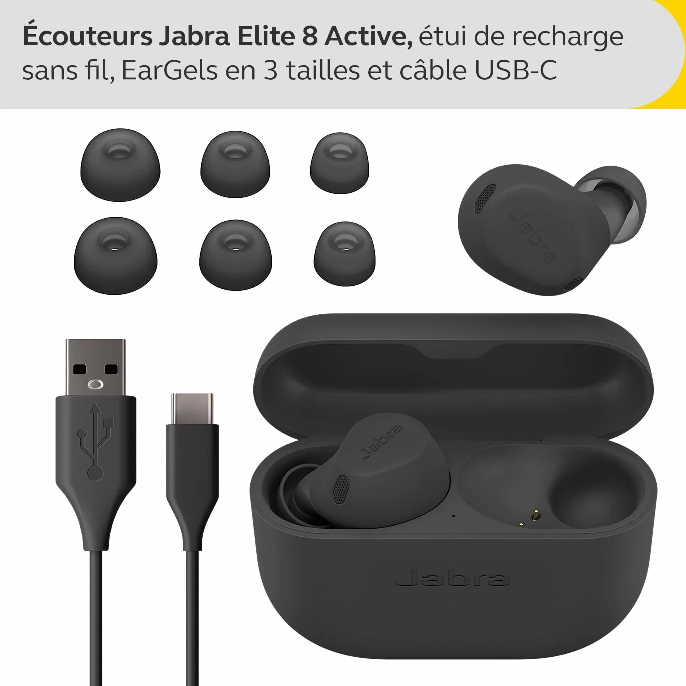 Jabra Elite 8 Active - Écouteurs sans Fil Bluetooth Intra-Auriculaires - Réduction de Bruit Hybride adaptative - 6 Microphones intégrés, résistants à l'eau et à la Transpiration - Gris foncé
