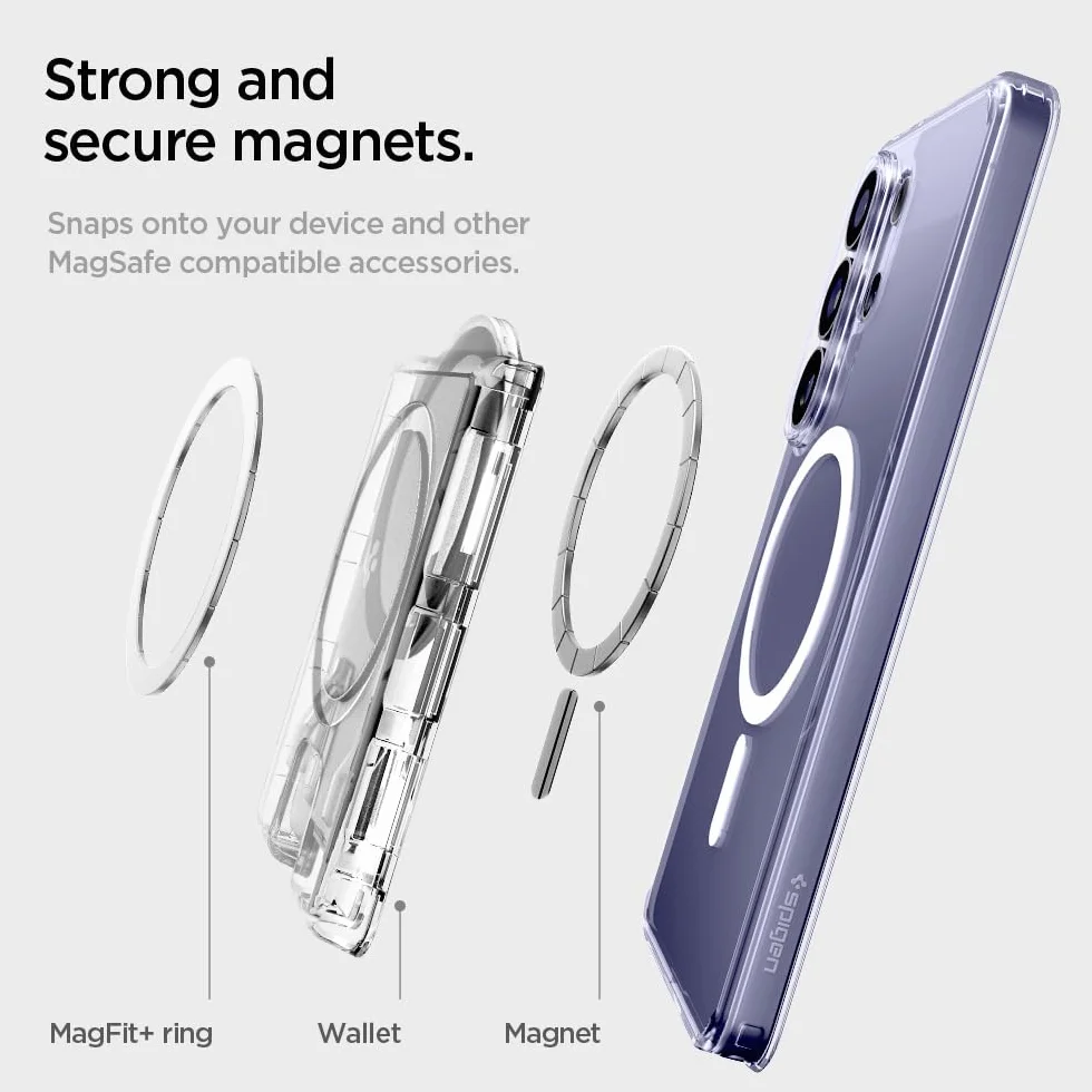 Spigen Ultra Hybrid MagFit+ Porte-Cartes magnétique 3 Cartes Anneau métallique Compatible Samsung Galaxy S26 S25 Edge Z Fold 7 Transparent