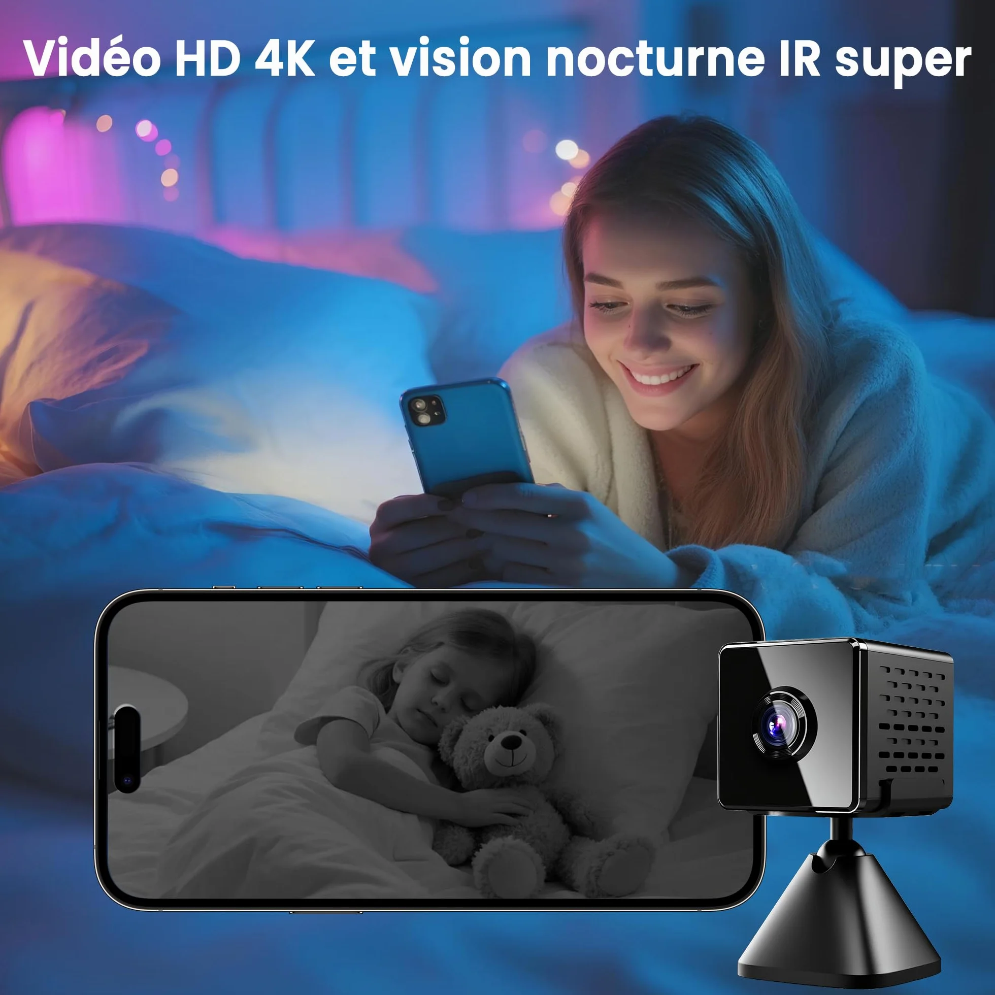 Caméra Espion Mini 4K Vision Nocturne WiFi - Caméra de Sécurité Intérieure Détection de Mouvement - Stockage Cloud Carte SD Batterie Intégrée