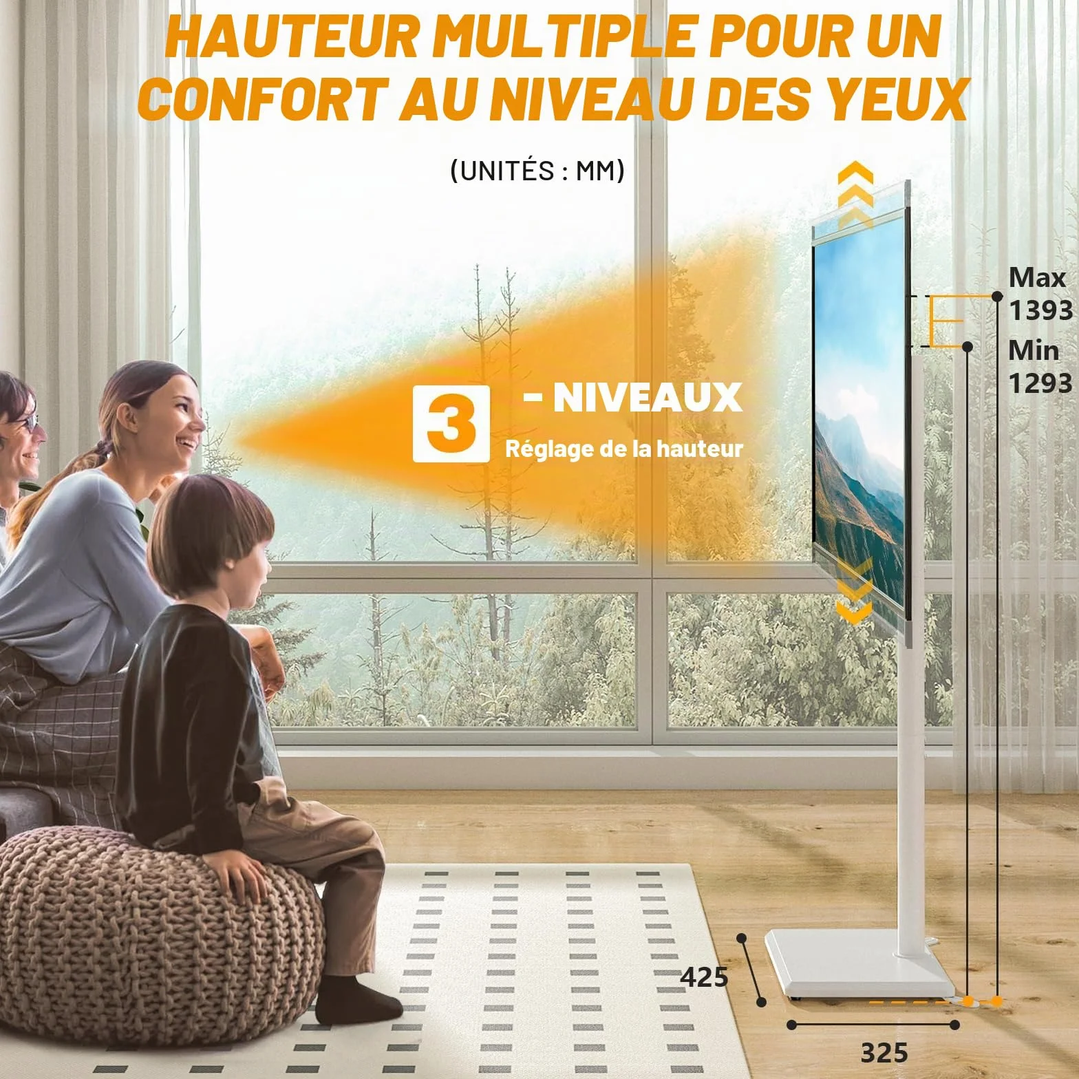 TVON Support TV au Sol pour Téléviseurs de 32 à 60 Pouces, Support TV Haut avec Pieds de Support, Support TVs d'angle Slim, Hauteur Réglable, Pivotant, Max VESA 400x400mm jusqu'à 40kg