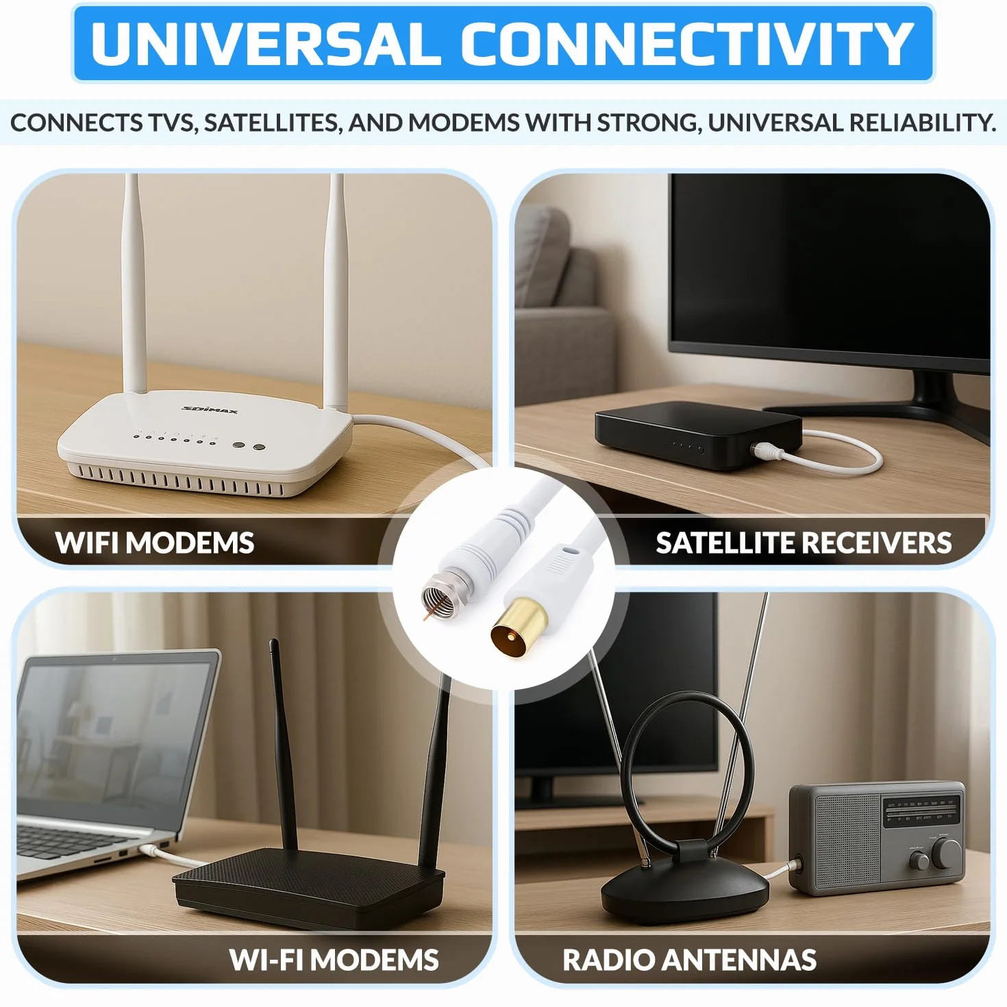 Keple Câble coaxial F-plug vers RF M-plug pour satellite Sat Freesat Sky Virgin BT TV HDTV DVB DVD Radio/Coax Antenne Freeview Coaxial Coax Antenne Adaptateur Câble TV - 1 m Blanc