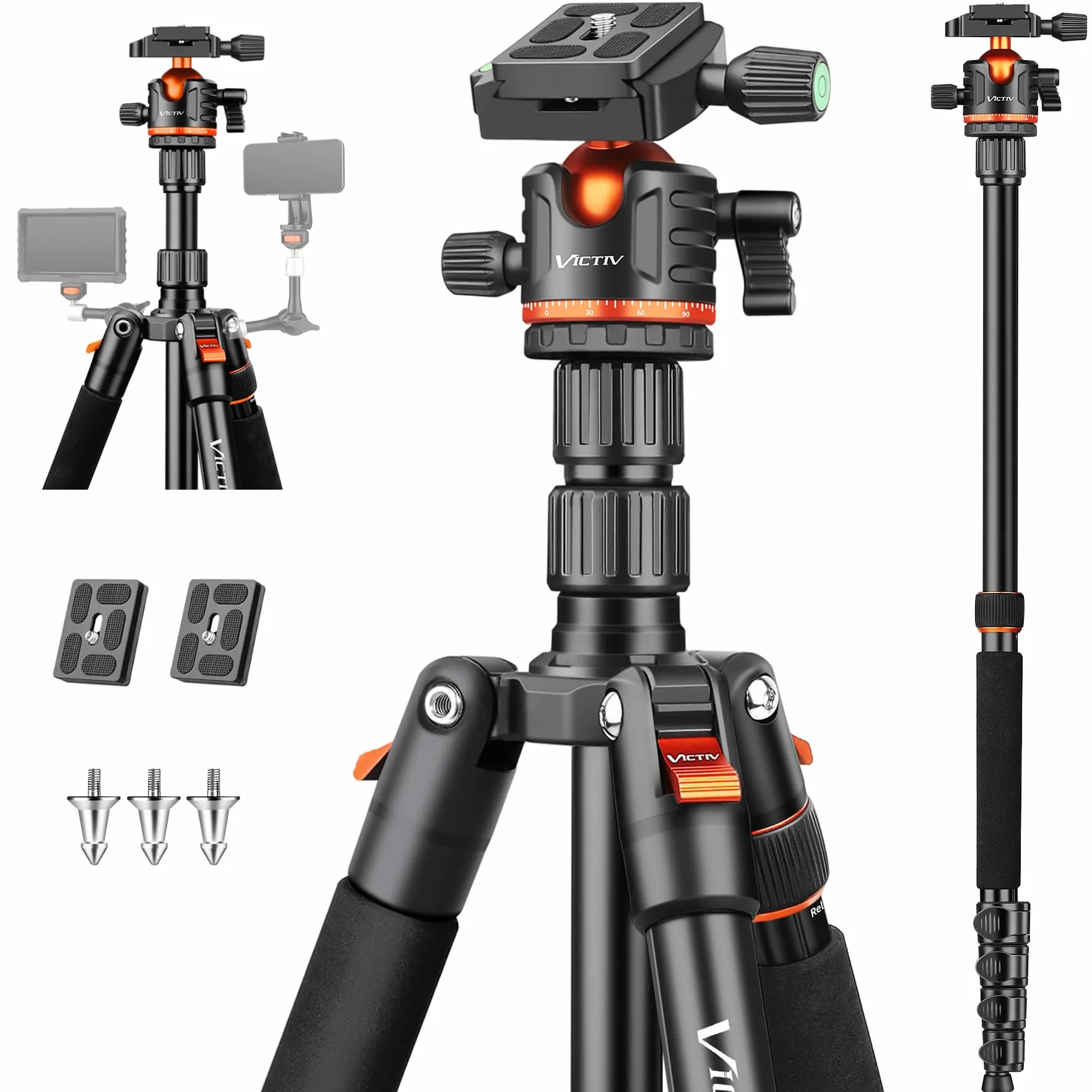 Victiv 200cm Trepied Appareil Photo, Trépied de Voyage Portable & Stable, Trépieds Caméra Aluminium avec 360° Rotule Ball & Monopode Amovible pour Canon Nikon Sony DSLR, Tripod pour iPhone Smartphone