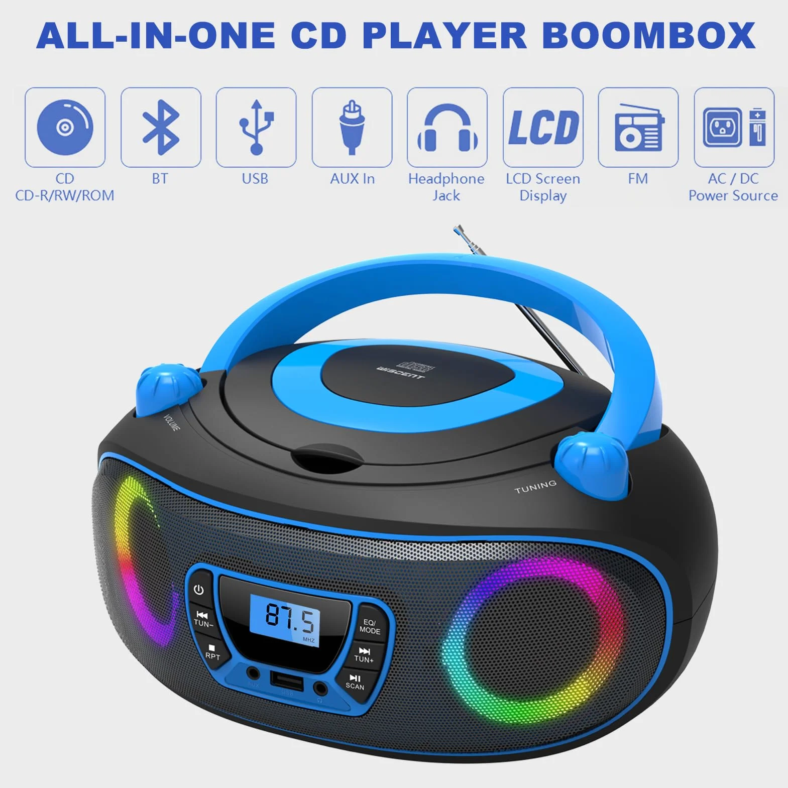Lecteur CD stéréo Portable Boombox Bluetooth Radio FM USB AUX