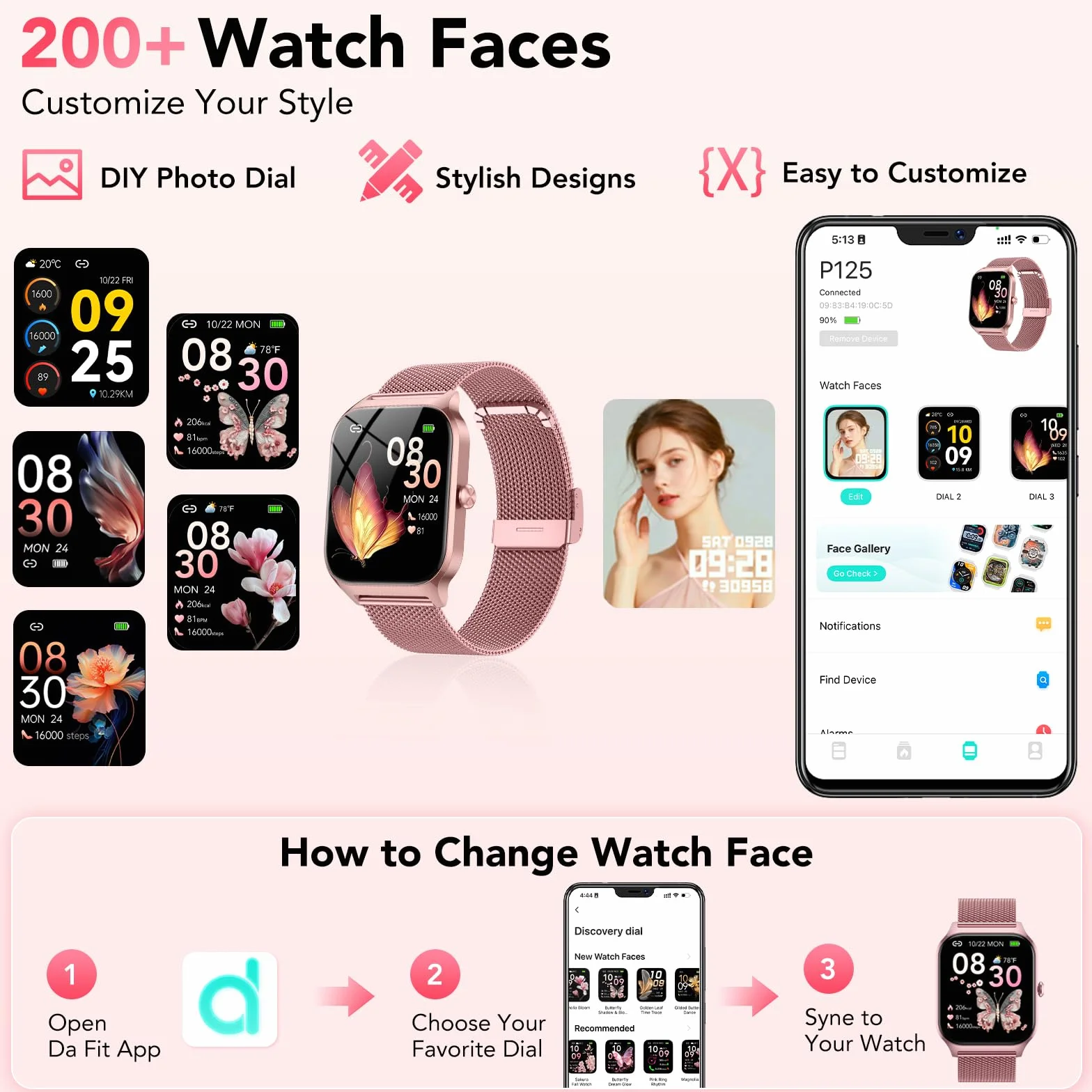 CASCHO Montre Connectée Femme avec Appel Bluetooth,1.85" HD Smartwatch Femme avec Fréquence Cardiaque/Sommeil/SpO2, 120+ Modes Sportifs, IP68 Étanche Fitness Tracker, Montre pour Android iOS Rose