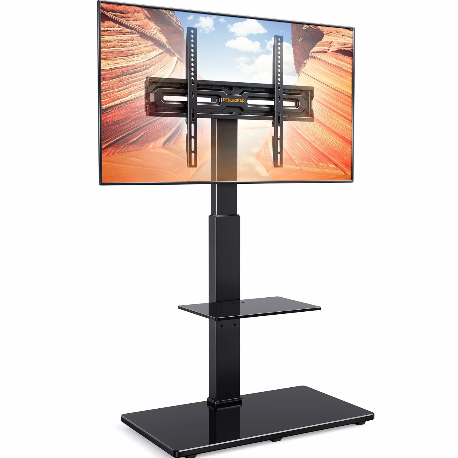 PERLEGEAR Support TV au sol pour téléviseurs 30-70 pouces jusqu'à 50 kg avec inclinaison, support tv sur pied avec pivotement à 80 degrés, étagère ajustable supportant jusqu'à 10kg, Max VESA 600x400mm