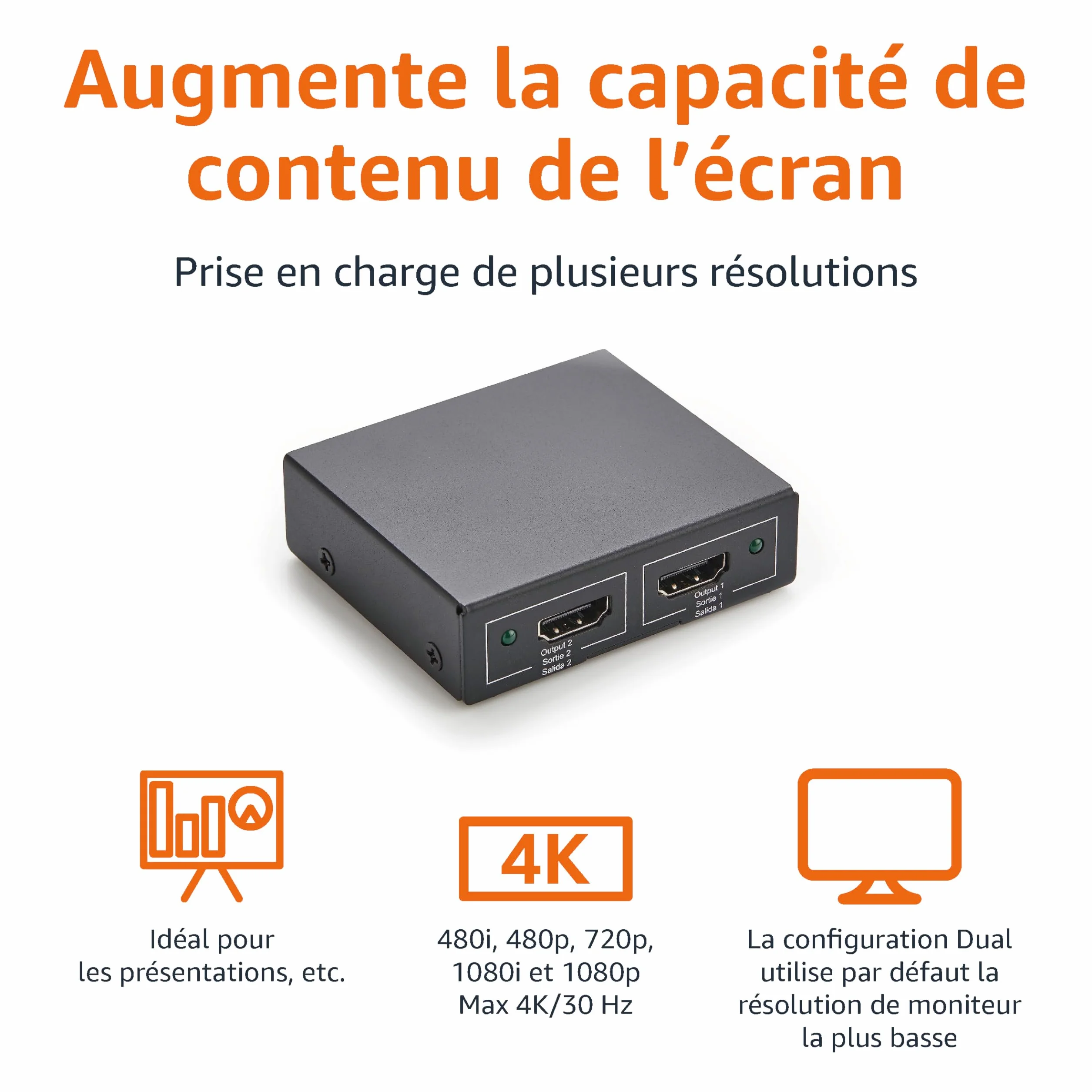 Amazon Basics Répartiteur HDMI 1 Entrée 2 Sorties 4K 30Hz Noir