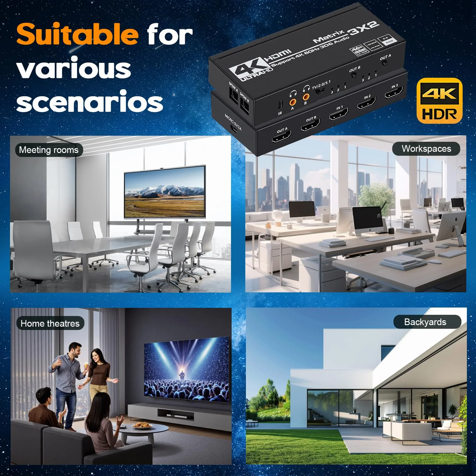 Switch Hdmi 4K 60Hz 3x2, HDMI Switch Splitter 3 in 2 Out, HDCP 2.3 HDR10 18Gbps, mit IR Télécommande & 3.5mm Audio Extractor, Support 4K@60Hz, HDCP 2.2, pour Switch, PS5, Xbox, PC