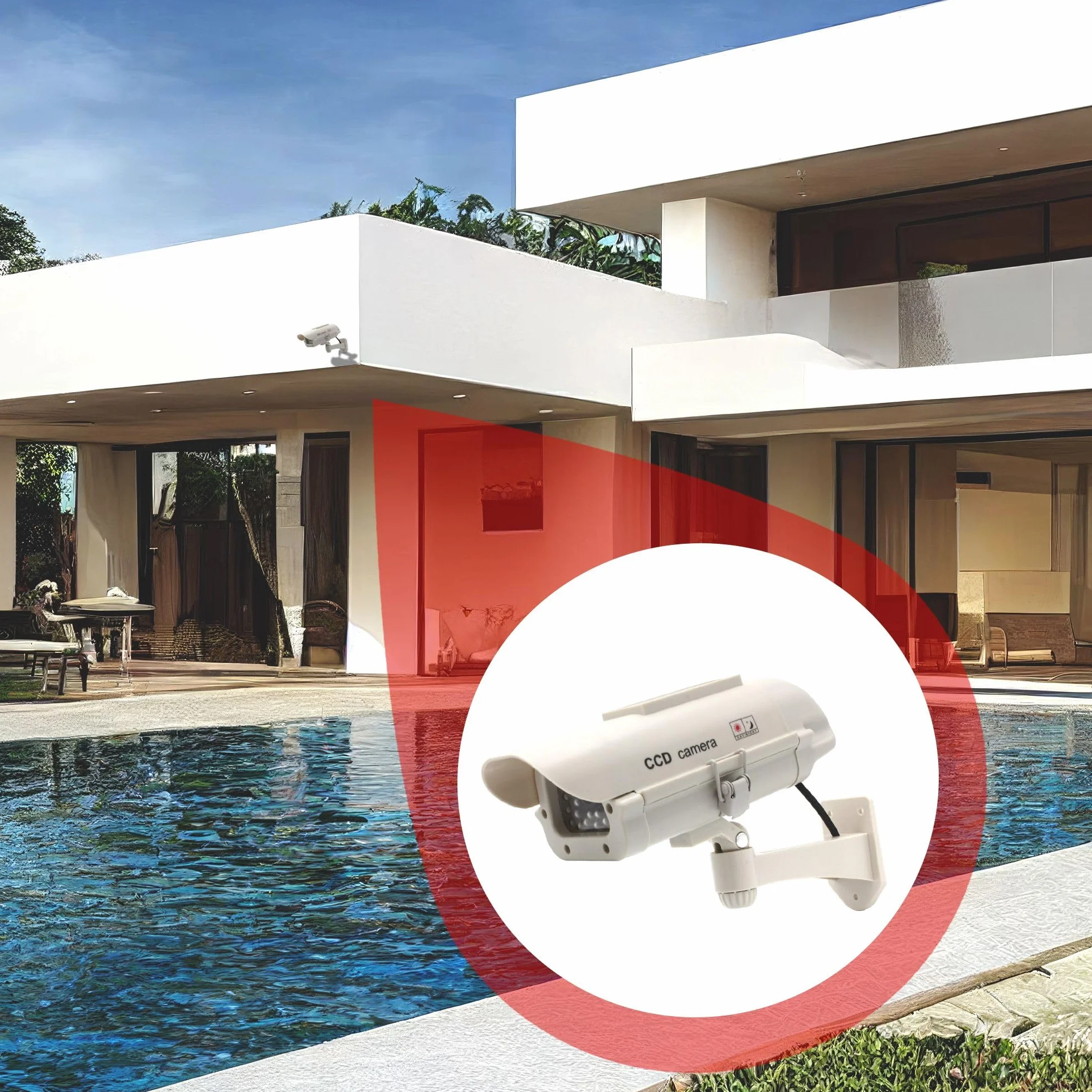 Fishtec ® Camera Factice Extérieur - Fausse Caméra de Vidéosurveillance avec LED Clignotante - Panneau Solaire - Usage Extérieur/Intérieur - Blanc