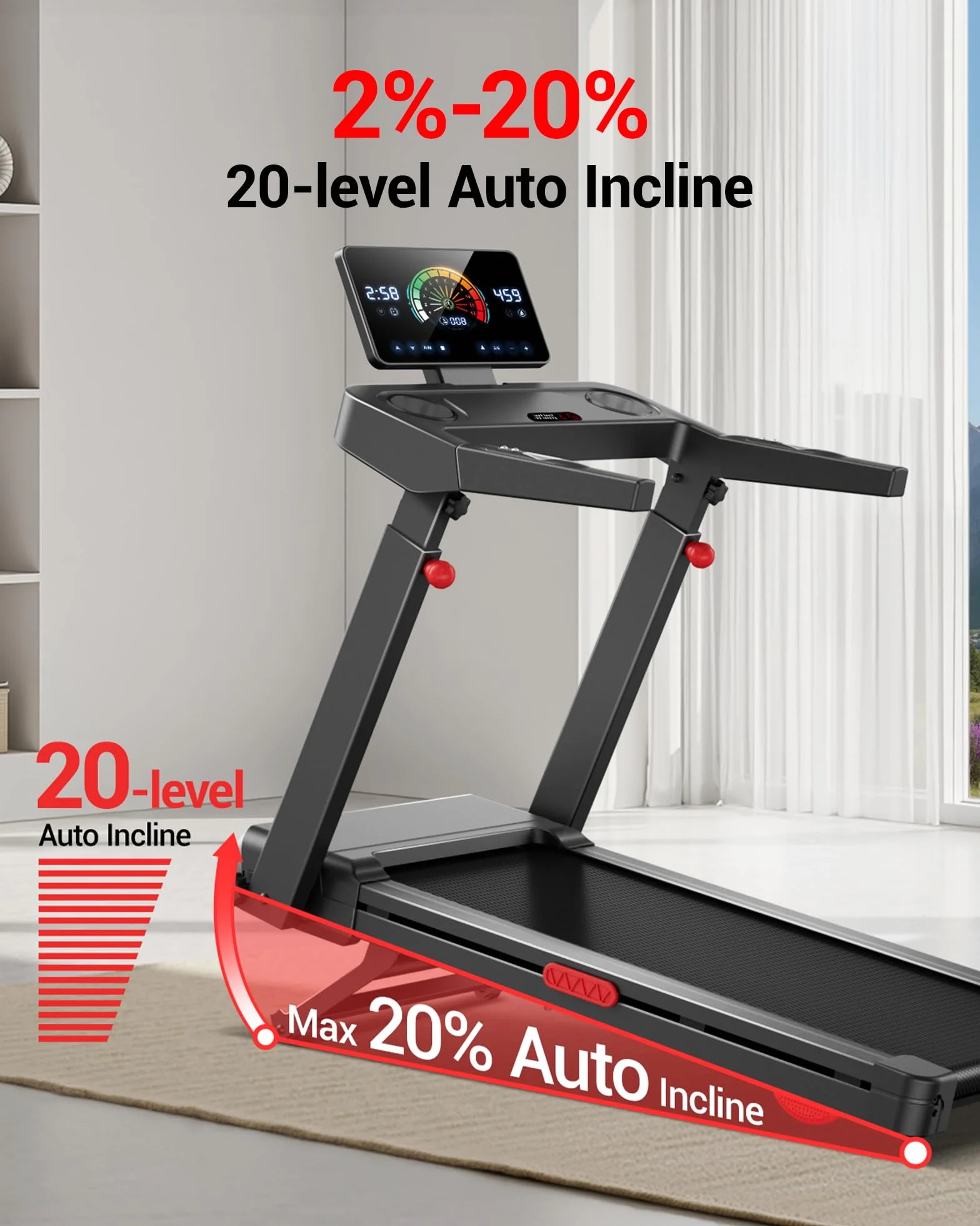 LONTEK Tapis Roulant Pliable 14KM/H Inclinaison Automatique 20% Moteur 3,5CV Charge Max 180KG