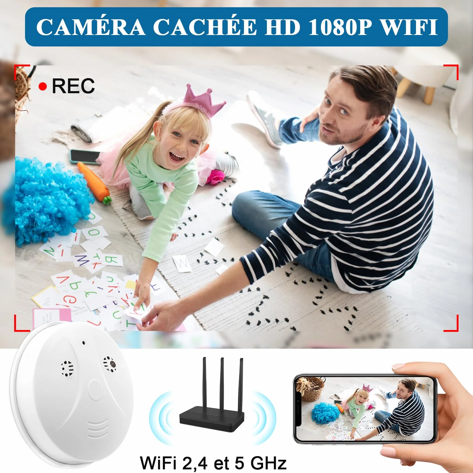 Caméra Cachée WiFi 2,4 et 5G, Caméra Espion WiFi Détecteur de Fumée, Mini Camera Espion Cachée HD 1080P avec Vision Nocturne et Détection de Mouvement pour la Sécurité Domestique