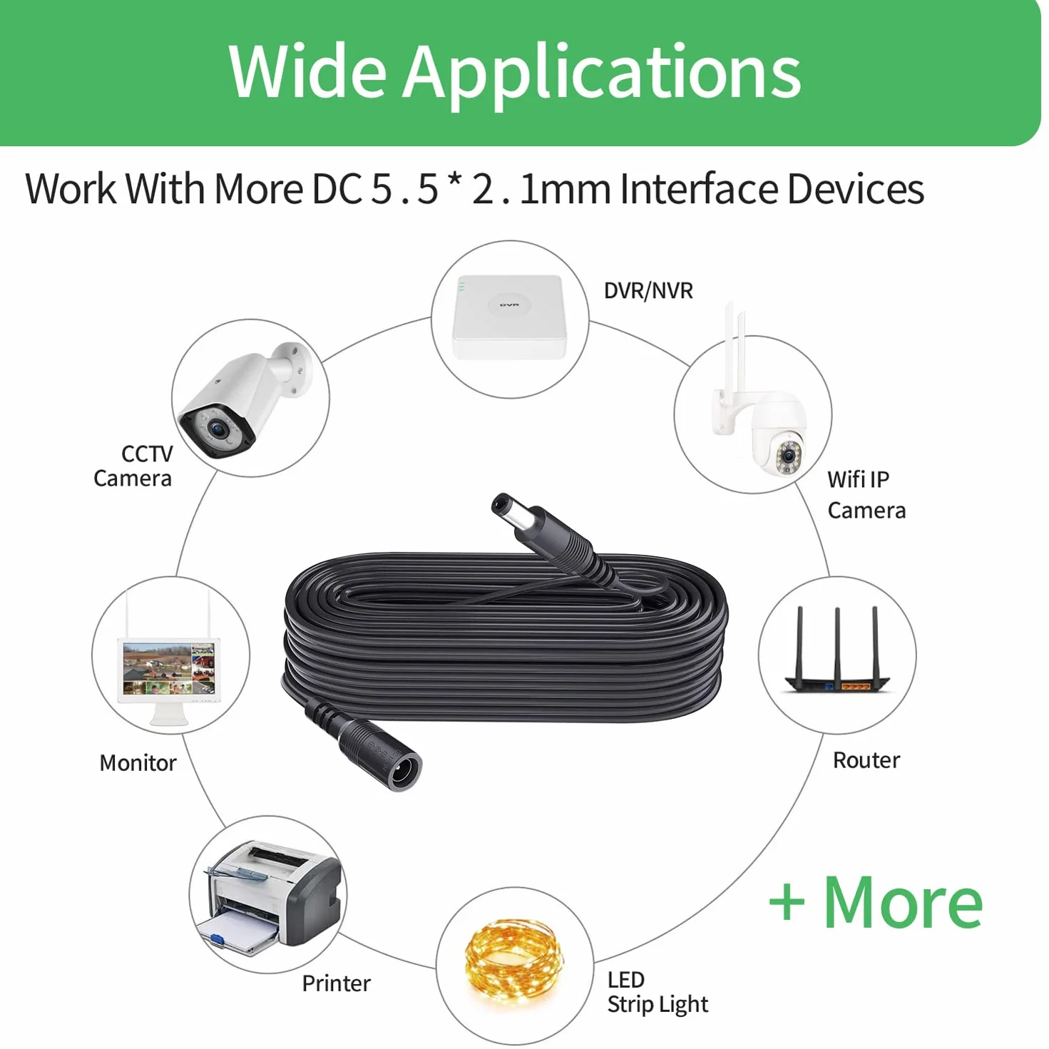 Lot de 2 rallonges d'alimentation CC 5,5 mm x 2,1 mm, pour caméra de vidéosurveillance, caméra IP WiFi, DVR, Bande LED, câble d'extension Adaptateur d'alimentation DC, Noir, 2 m