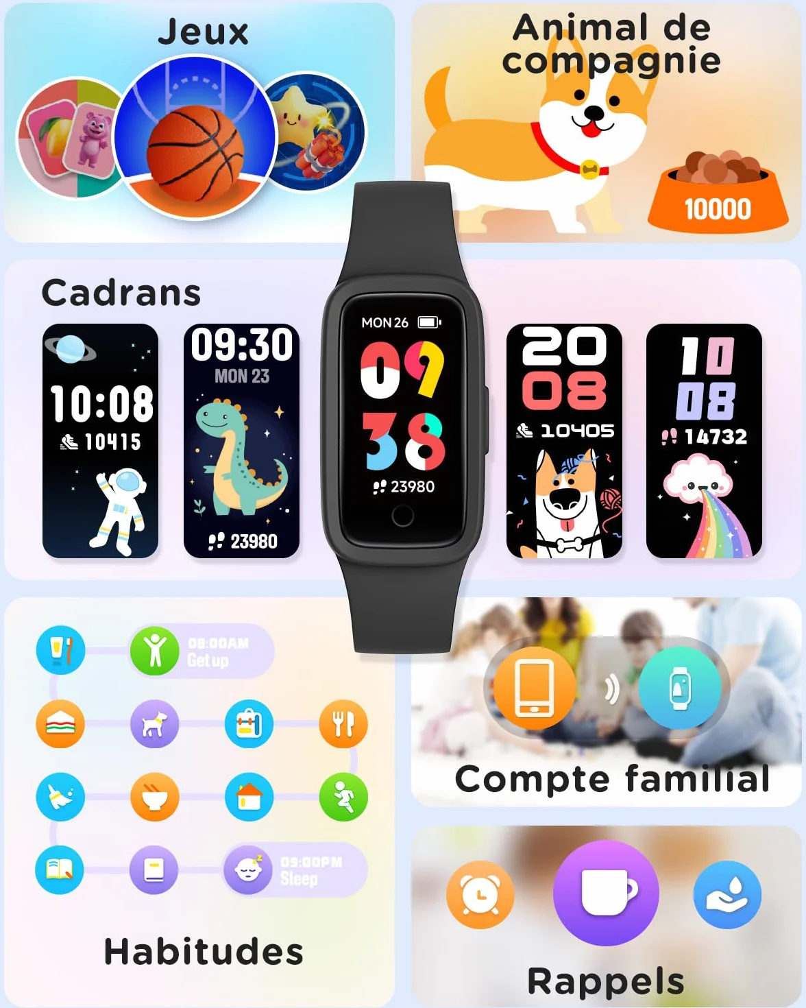 BIGGERFIVE Vigor 3 Montre Connectée Enfant Tracker d'Activité Écran AMOLED Étanche 3ATM Moniteur Fréquence Cardiaque Sommeil Noir