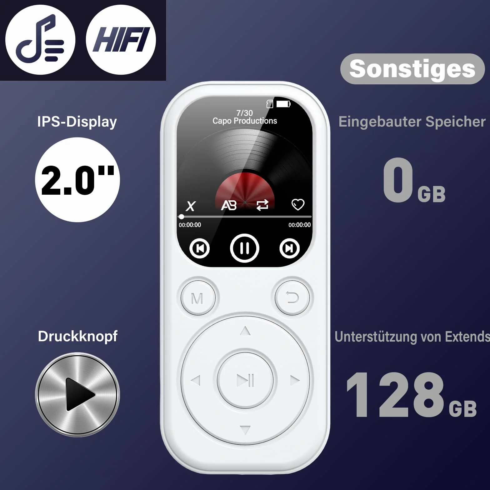 Lecteur MP3 Bluetooth 128 Go avec Radio FM, Enregistreur Vocal, Son HiFi, Blanc