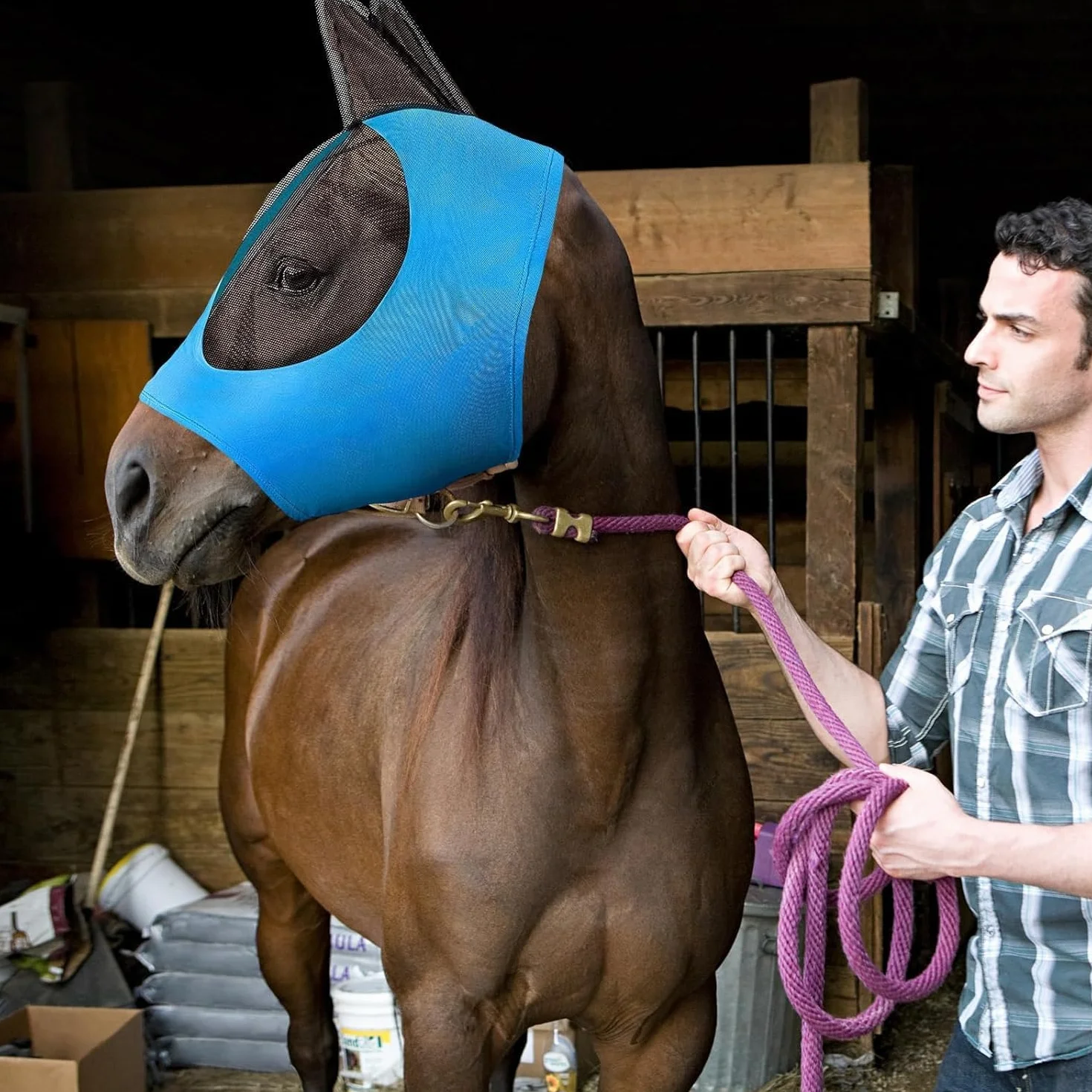 Masque Anti-Mouches Bleu avec Oreilles pour Cheval - Maille Respirante UV Protection