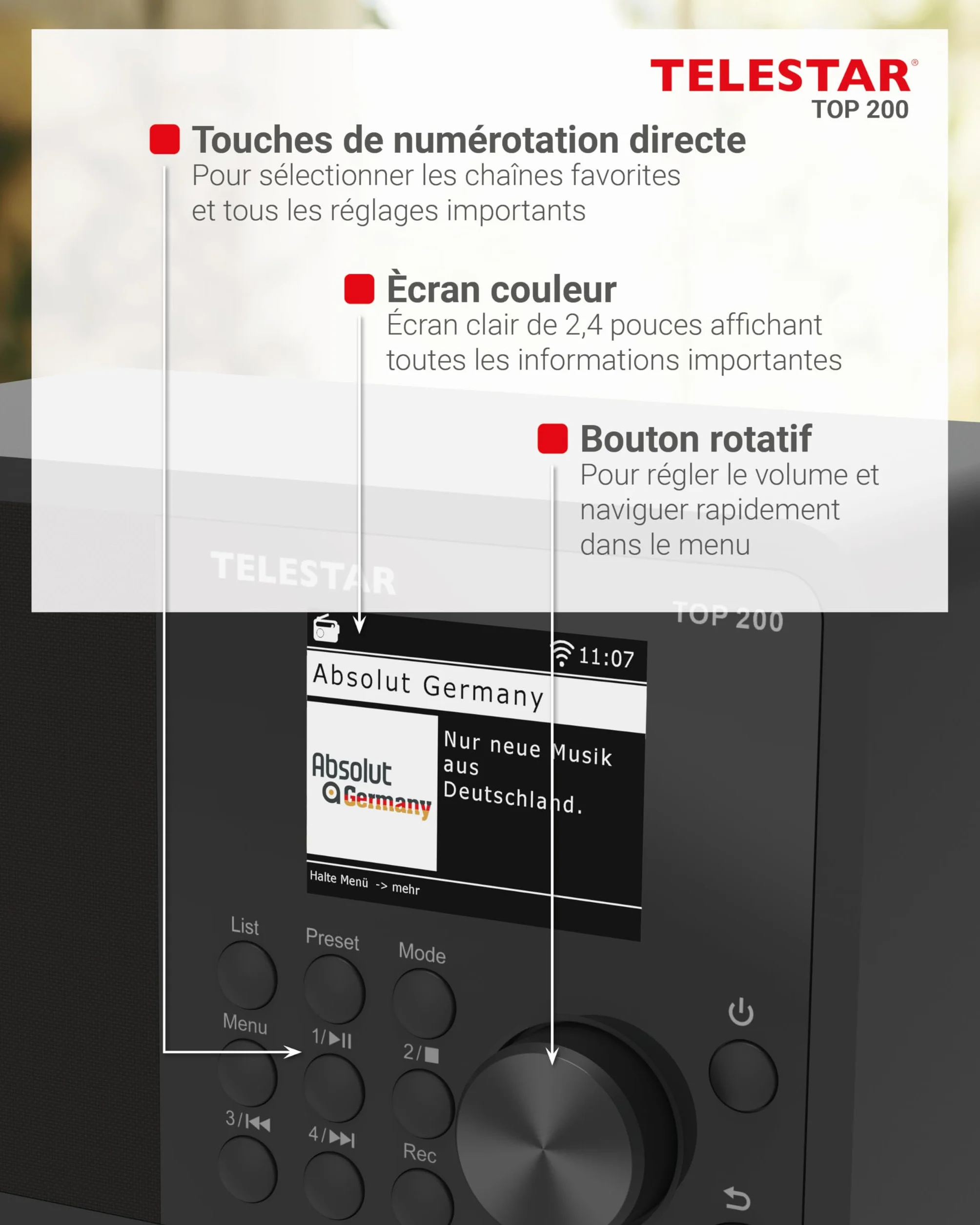 TELESTAR Top 200 – Radio Dab Plus -Internet (Mono, 10 W, Bluetooth Audio-Streaming & Fonction émetteur, Enregistrement USB, système d’Alerte d’Urgence, contrôle Via Application) – Noir