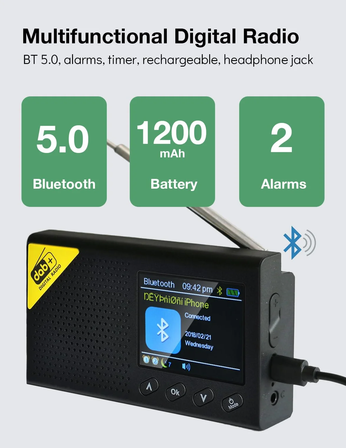 Radio Dab, Dab+ Bluetooth Portable | Batterie Rechargeable ou Alimentation par câble USB-C | 12 Heures de Lecture, Affichage LCD 2.4“, Prise Casque | Double Alarme, FM, 40+ présélections