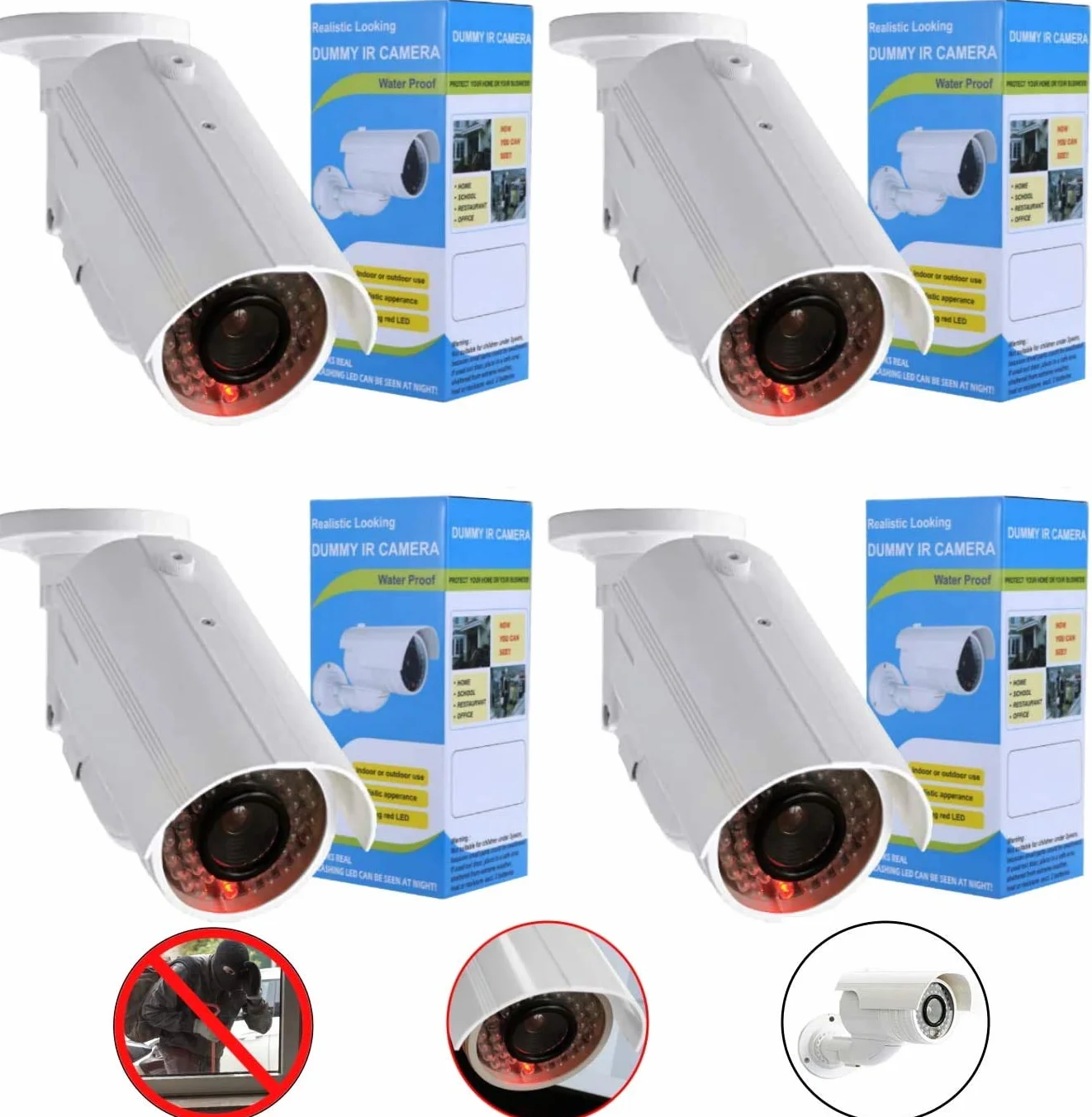 Caméra factice 4X avec objectif. Avec lumière LED rouge, parfaitement réelle pour montage mural et plafond, pour l'intérieur et l'extérieur