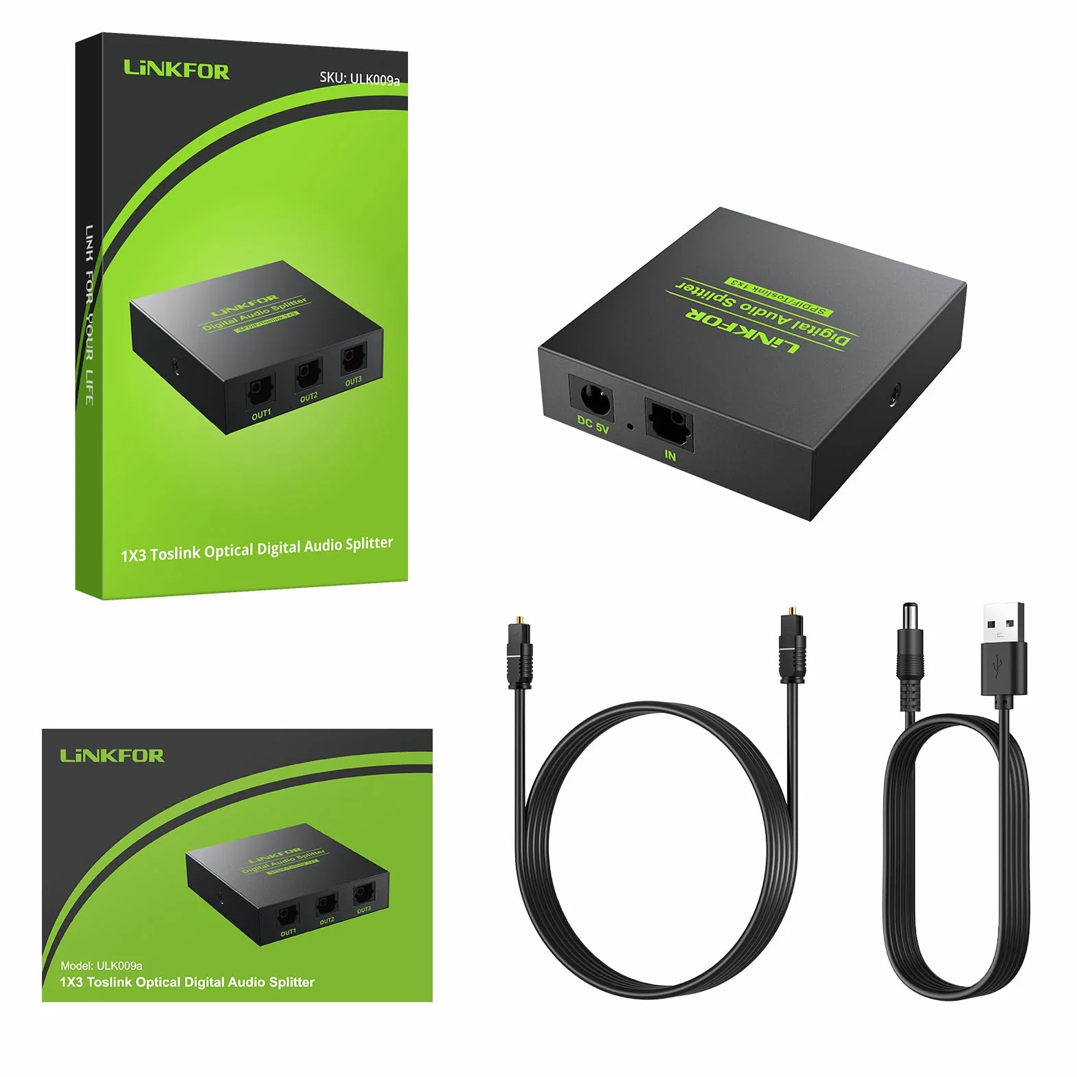 LiNKFOR Répartiteur audio optique 1 x 3 SPDIF Toslink en alliage d'aluminium 1 entrée 3 sorties prend en charge LPCM 2.0 DTS pour Dolby-AC3 Compatible avec PS3 DVD HDTV STB