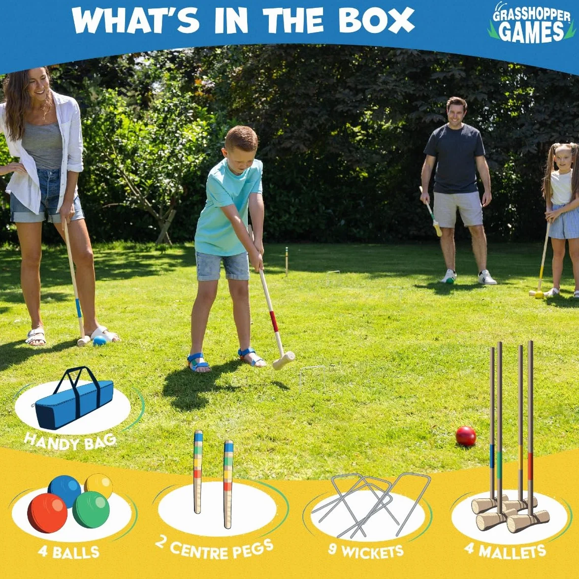 Toyrific Jeu de croquet en bois, 4 maillets, 4 boules, ensemble complet pour enfants et adultes, jeu de jardin