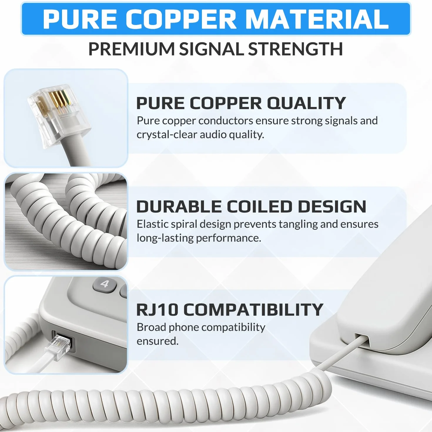 Keple Câble téléphonique RJ10 incurvé à ressort en spirale pour combiné téléphonique 2 mètres Compatible avec les téléphones fixes AT&T, Cisco, NEC, ROLM, ITT, TI (Noir)