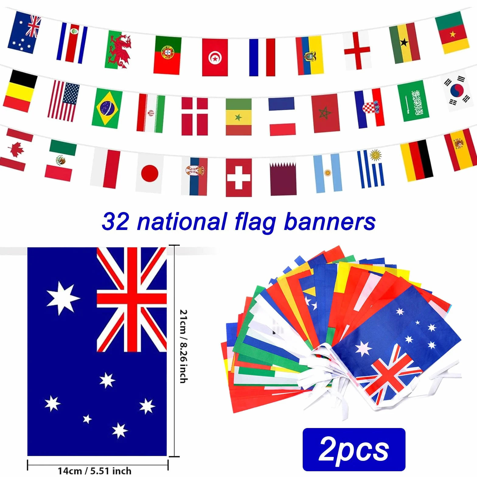 Guirlande Fanions 32 Pays 10m Drapeaux 20x10cm Double Face Bannière Football 2026