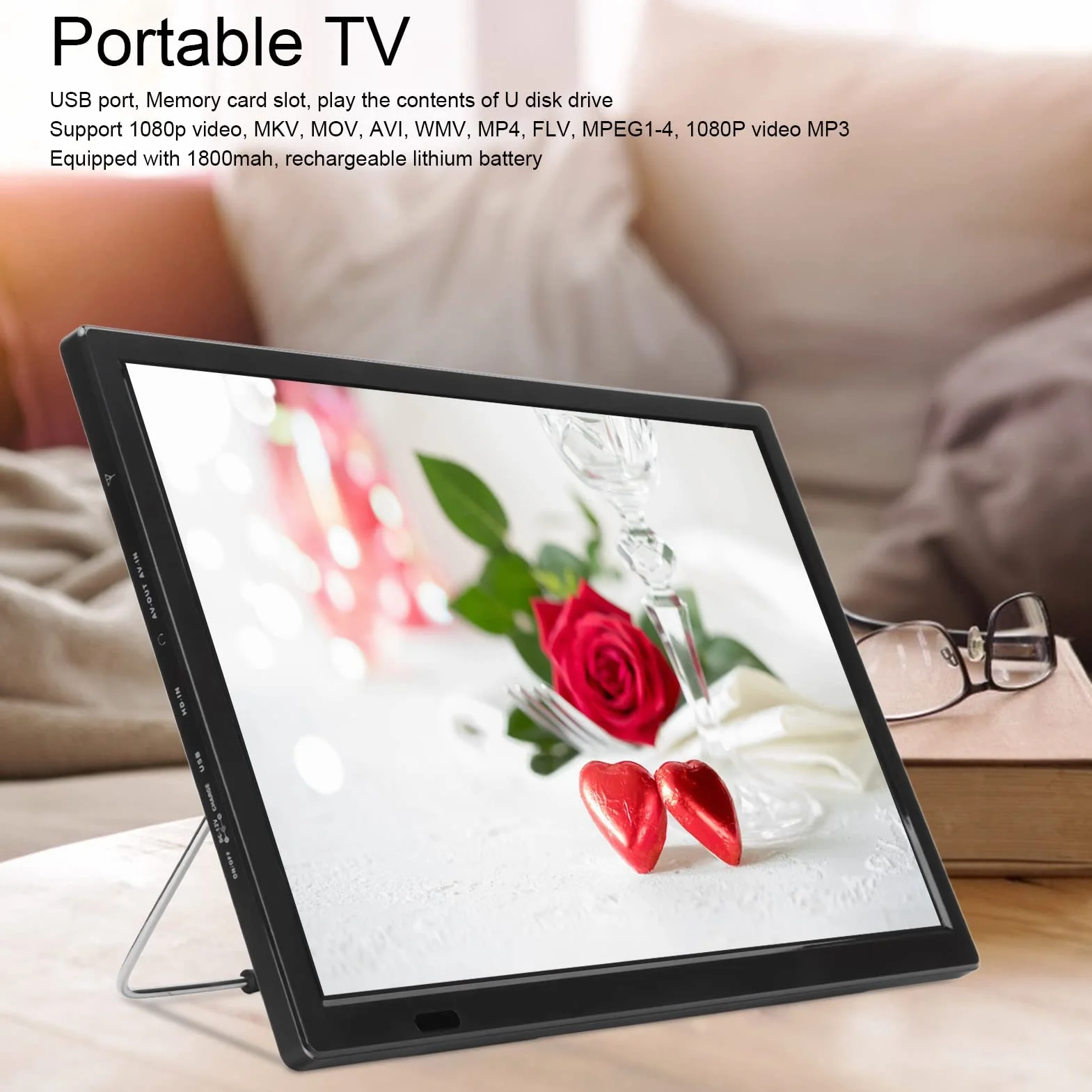 Téléviseur numérique portable 16 pouces, écran TFT HD 1080p, téléviseur LED TNT, signal rechargeable, moniteur de télévision numérique sans délai avec HDMI, USB, support TV pour voyage en voiture