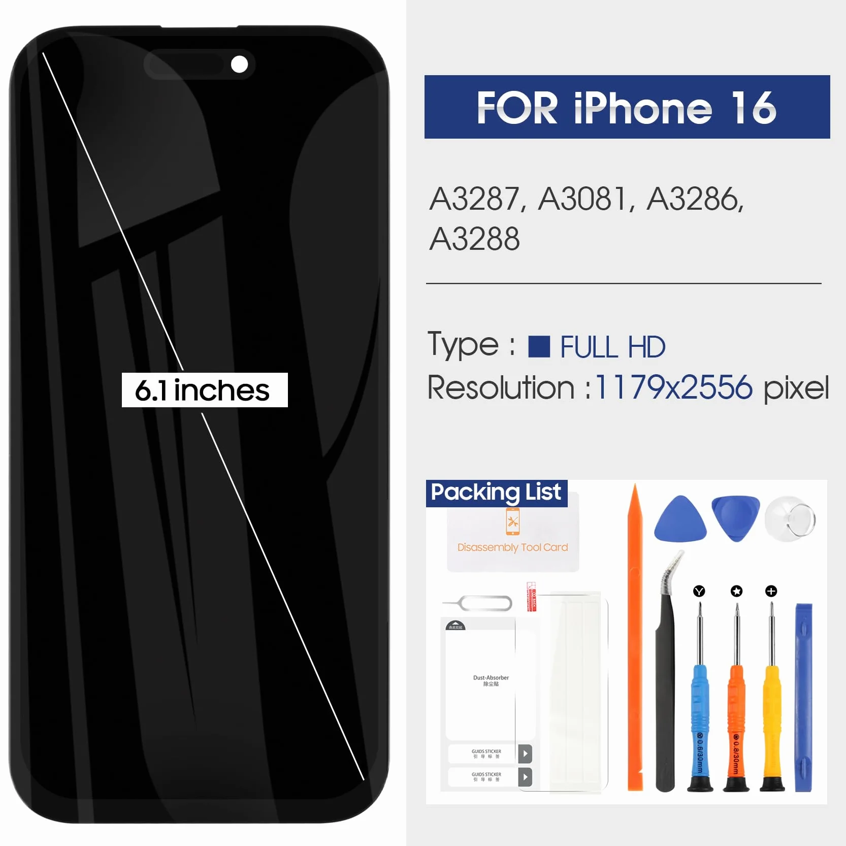 Écran LCD pour iPhone 16 LCD Display pour iPhone 16 LCD Écran pour iPhone16 6,1" Écrantactile Verre Full Assemblé avec Kit de Réparation A3287 A3081 A3286 A3288 (Noir)
