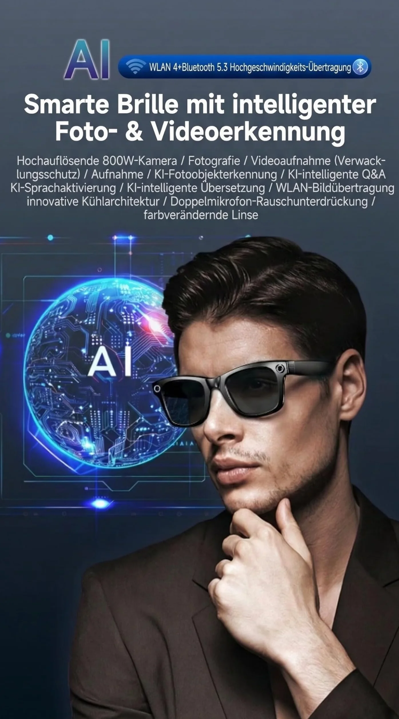 Lunettes intelligentes avec KI & Bluetooth, assistant vocal ChatGPT, protection UV, Wi-Fi, traduction en temps réel en 89 langues, caméra 2K, audio ouvert, étanchéité IP65, identification des objets