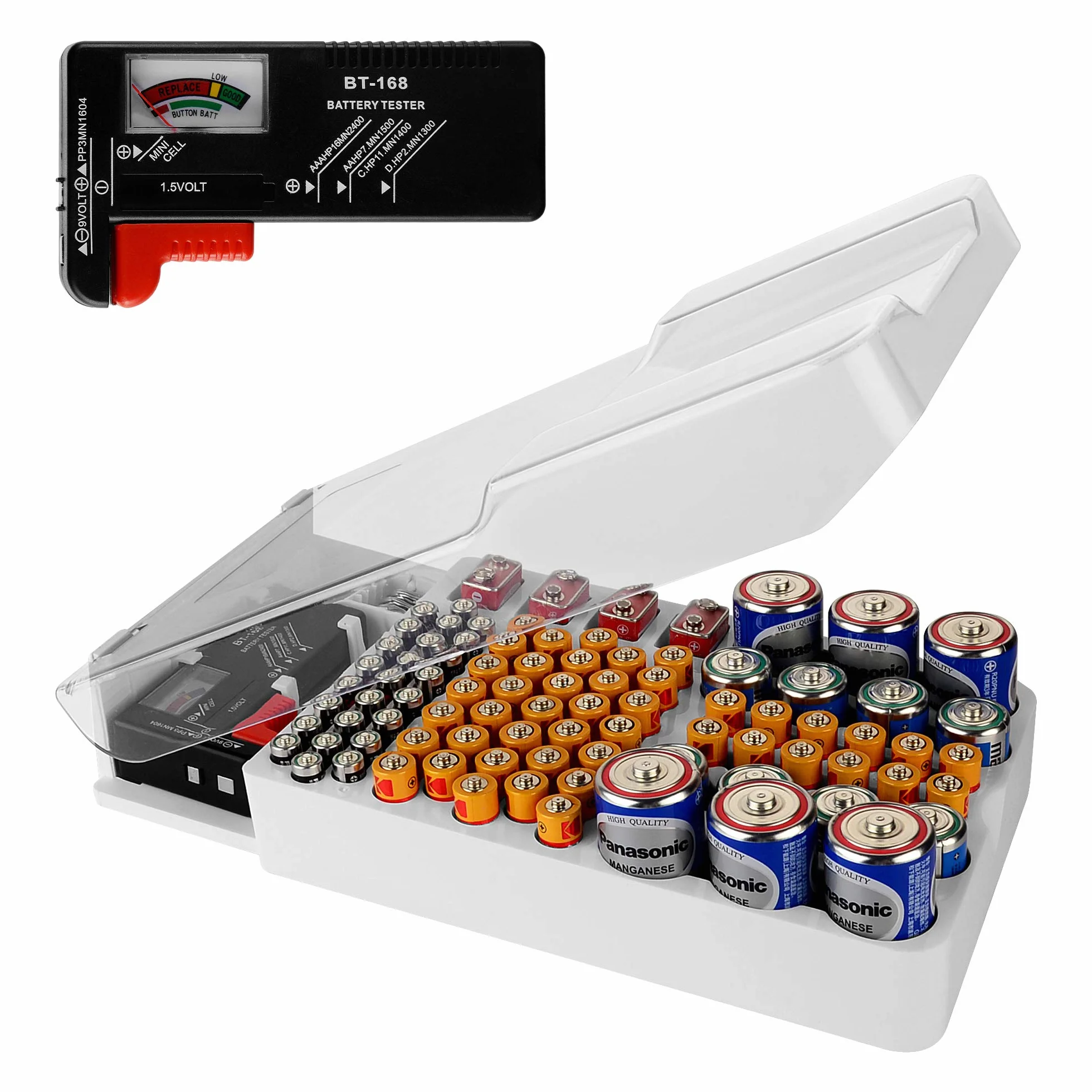 Linkidea Boîte de rangement pour piles avec testeur intégré - Peut contenir 93 piles (AAA, AA, 9V, C, D, bouton) pour la maison, le bureau et l'atelier