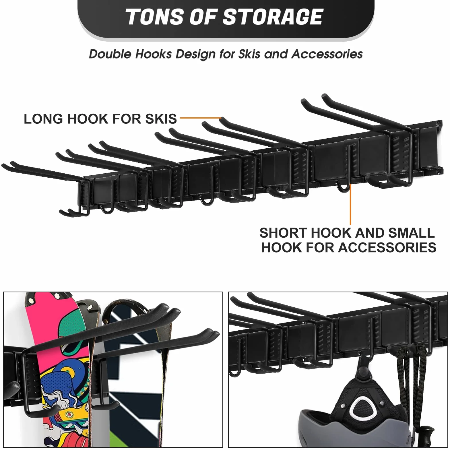 Odoland Kit de Support de Rangement à Skis pour 6-4 Paires Snowboards, Crochets, Sangles Velcro, Jusqu'à 300 LBS