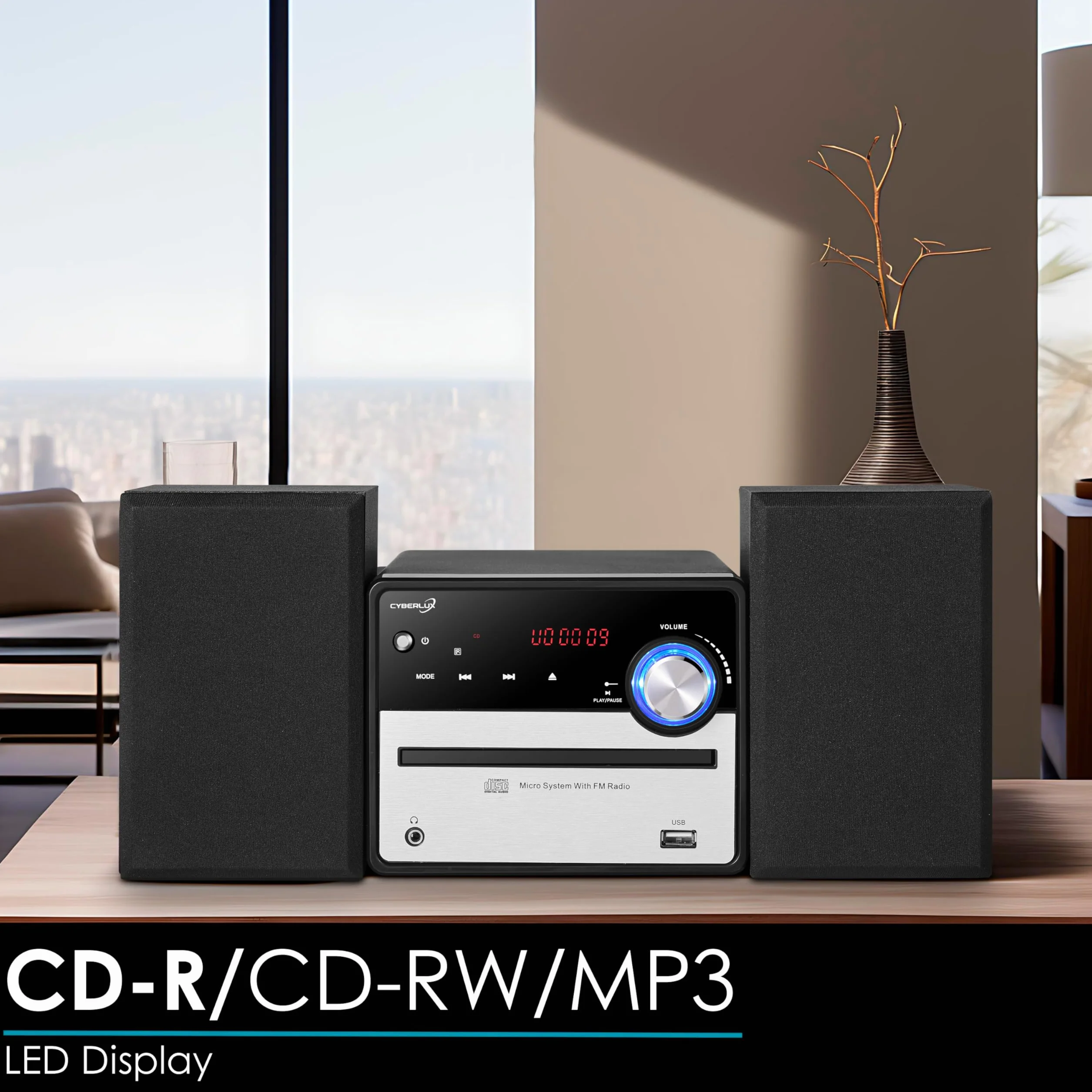 Mini chaîne HiFi rétro avec radio FM, CD/MP3, USB et sortie ligne