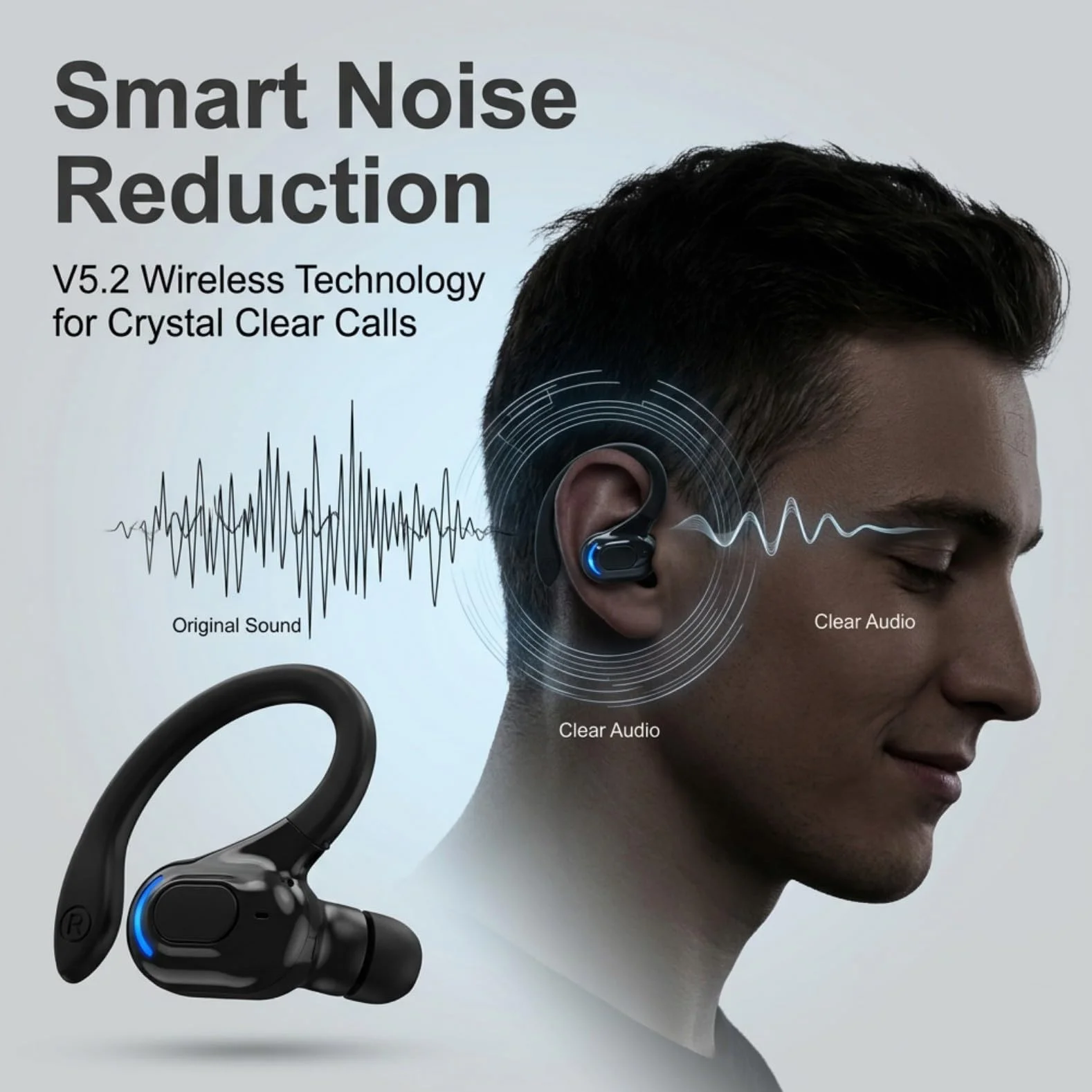 Oreillette Bluetooth Sans Fil V5.2 avec Micro Intégré, Écouteur Mono Main Libre Bluetooth, Tour d’Oreille 360°, Réduction de Bruit, 20 h d’Autonomie, Compatible avec iPhone, Android, Conduite, Sport