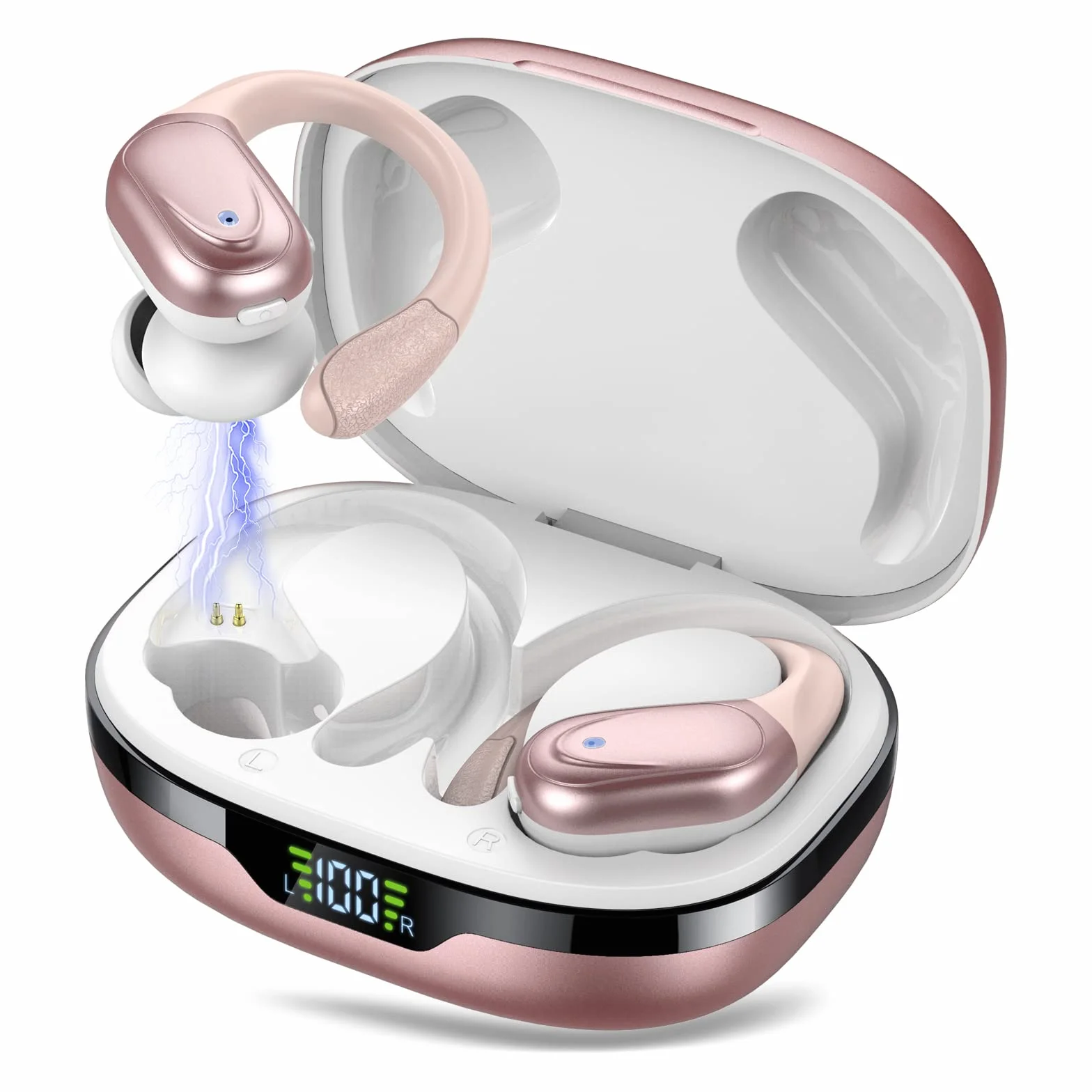CASCHO Ecouteurs Bluetooth sans Fil, Casque Bluetooth 5.3, 60 Heures avec Affichage LED, Appel ENC HD, Basses Profondes, Ajustement Confortable, IPX7 Étanche Casque Sport(Or Rose).